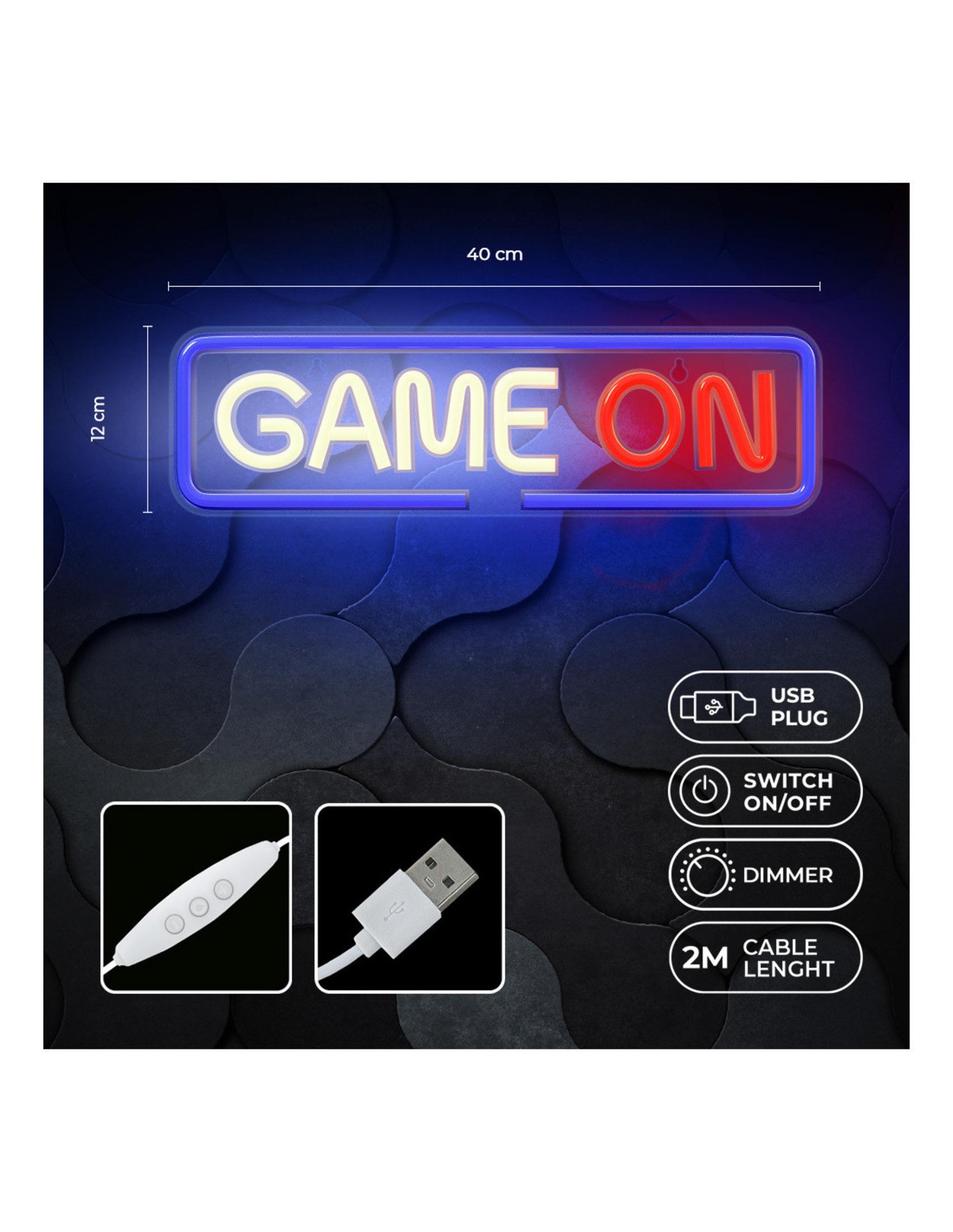 Letrero de neón dice 'GAME ON'. Incluye enchufe USB, interruptor, regulador.