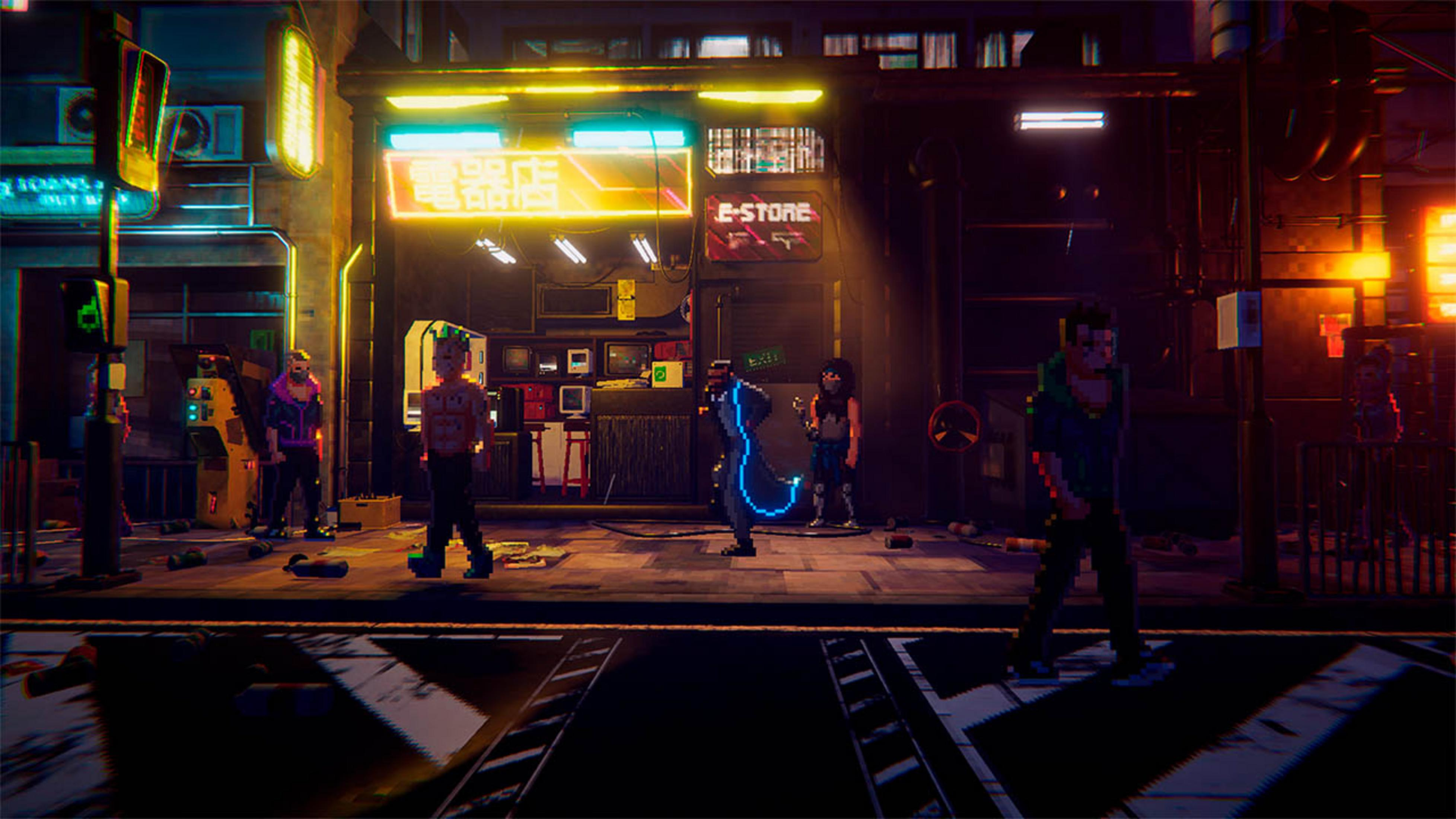 Scena di strada cyberpunk pixelata con figure davanti a un negozio elettronico e insegne al neon.