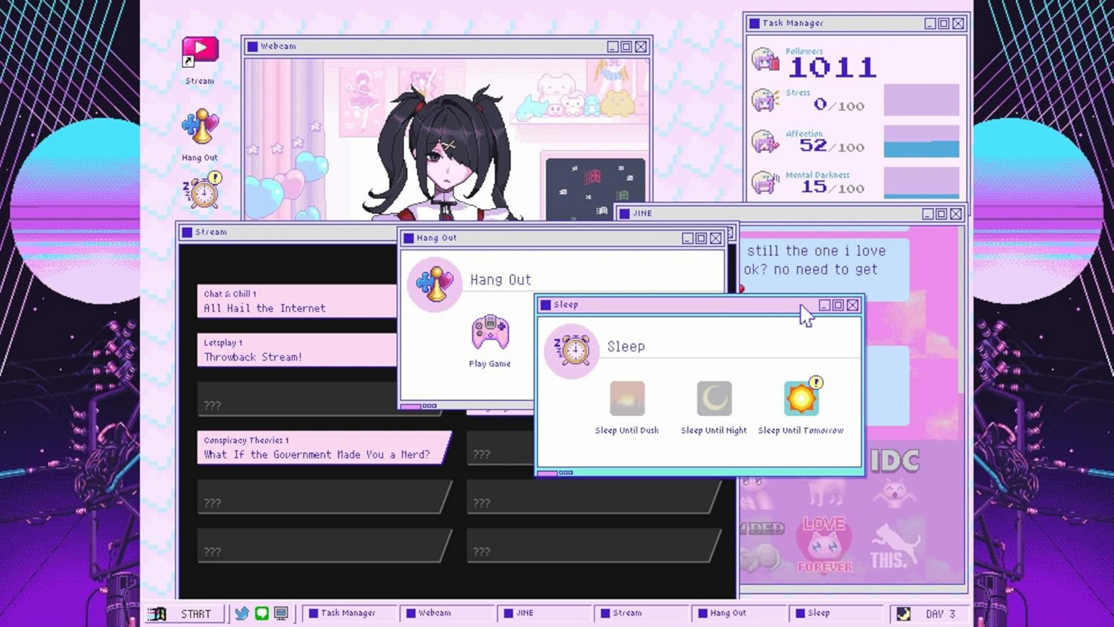 Desktop in pixel art con personaggio anime, finestre di chat e sfondo retrò-futurista.