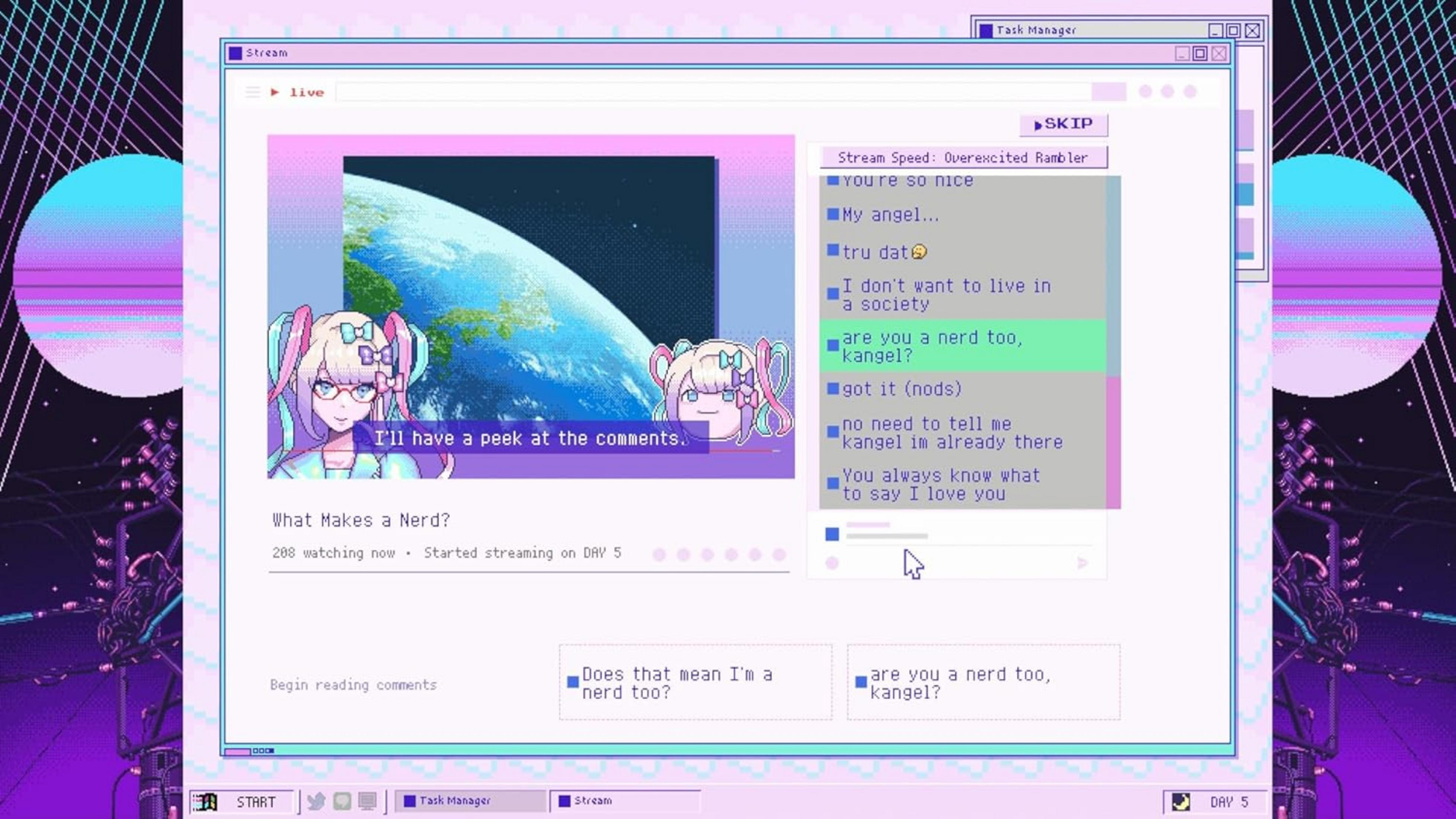 Interfaccia di streaming pixel art con personaggi anime, sfondo Terra e messaggi chat.