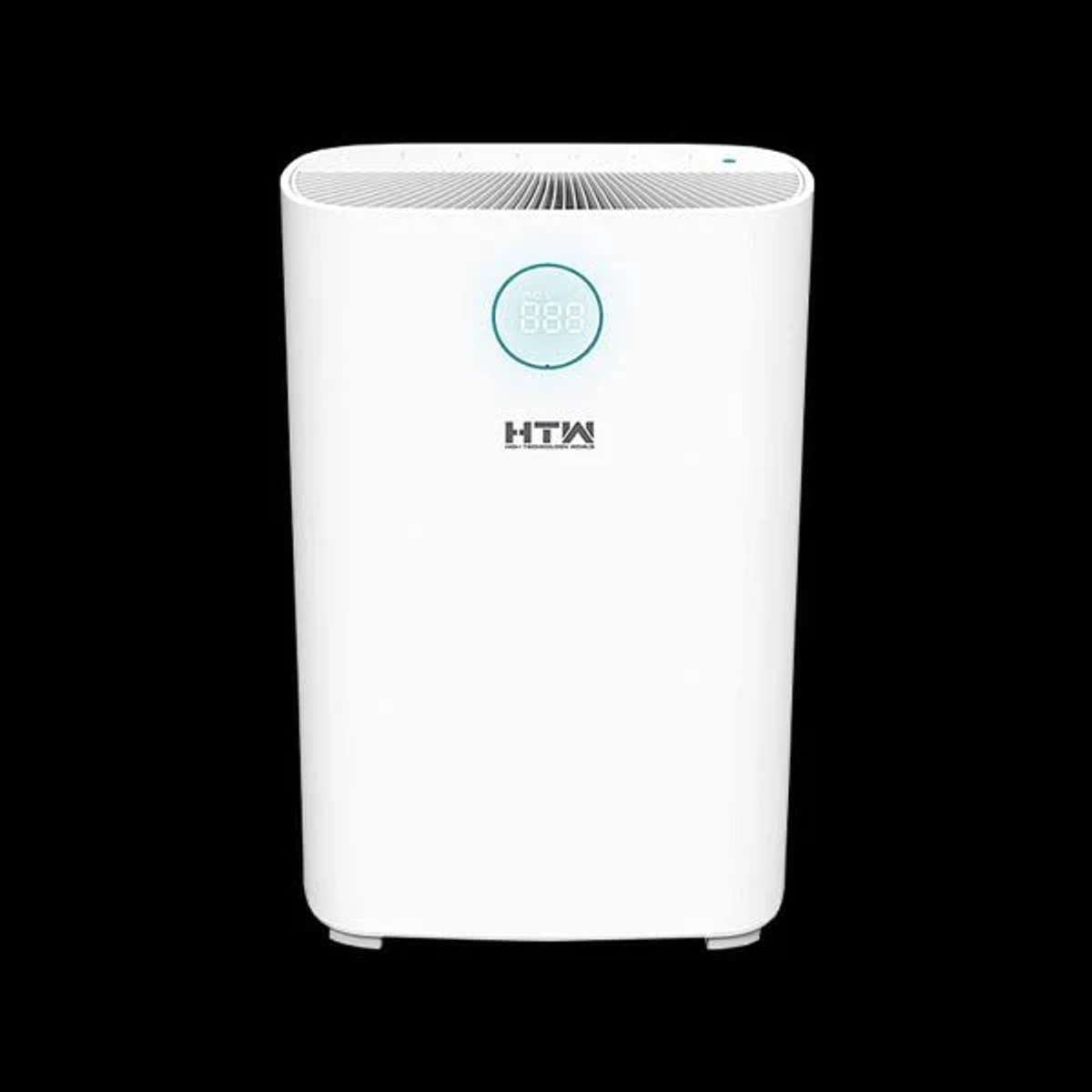 Un purificador de aire blanco con pantalla digital y logo.