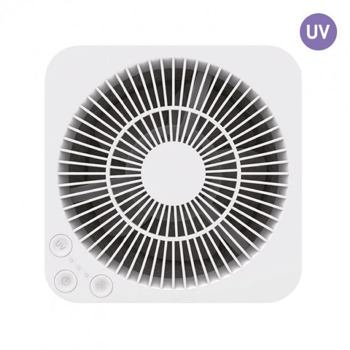 Rejilla de ventilador blanca con listones radiales y símbolo UV.