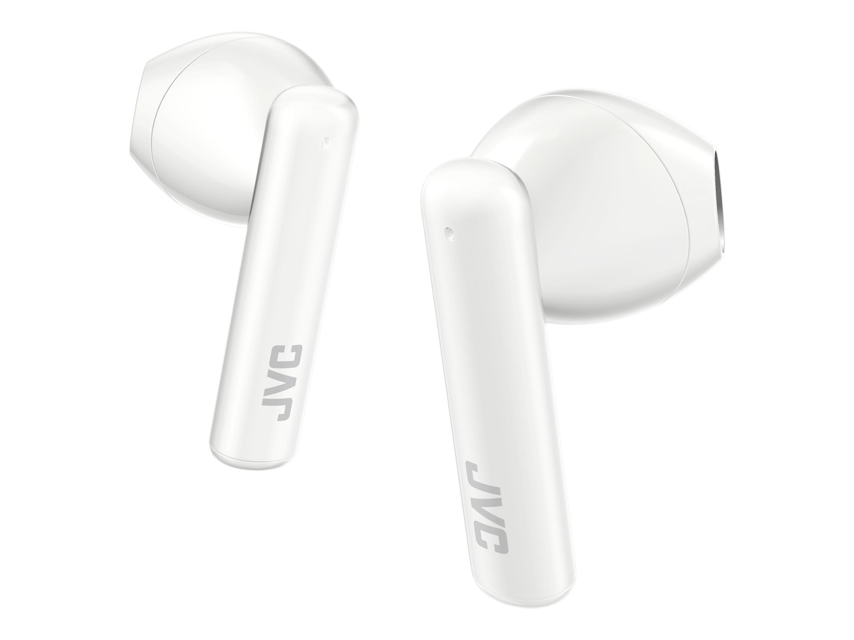 Due auricolari JVC bianchi, uno accanto all'altro su sfondo bianco.