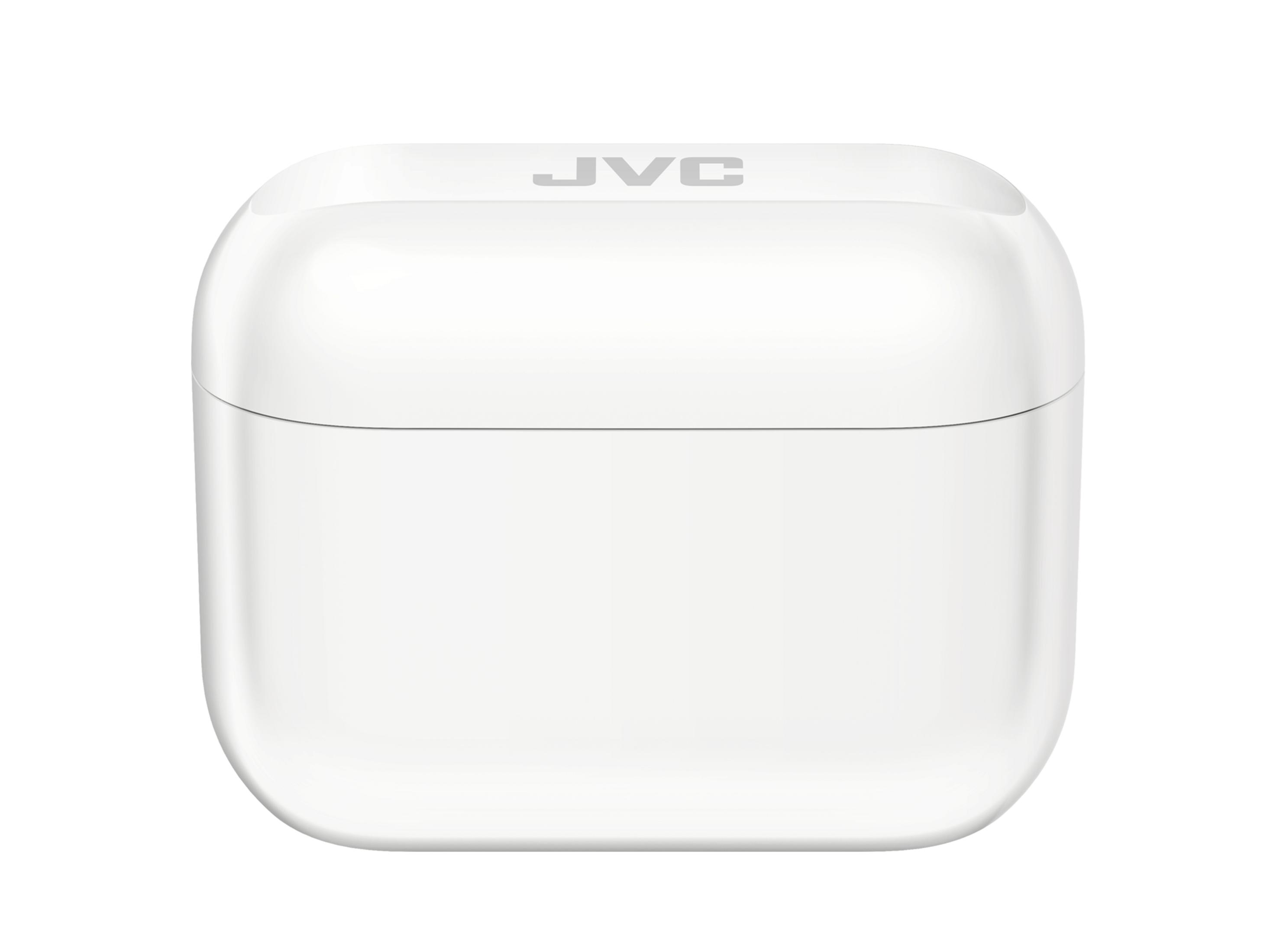 Una custodia bianca per auricolari JVC con angoli arrotondati su sfondo bianco.