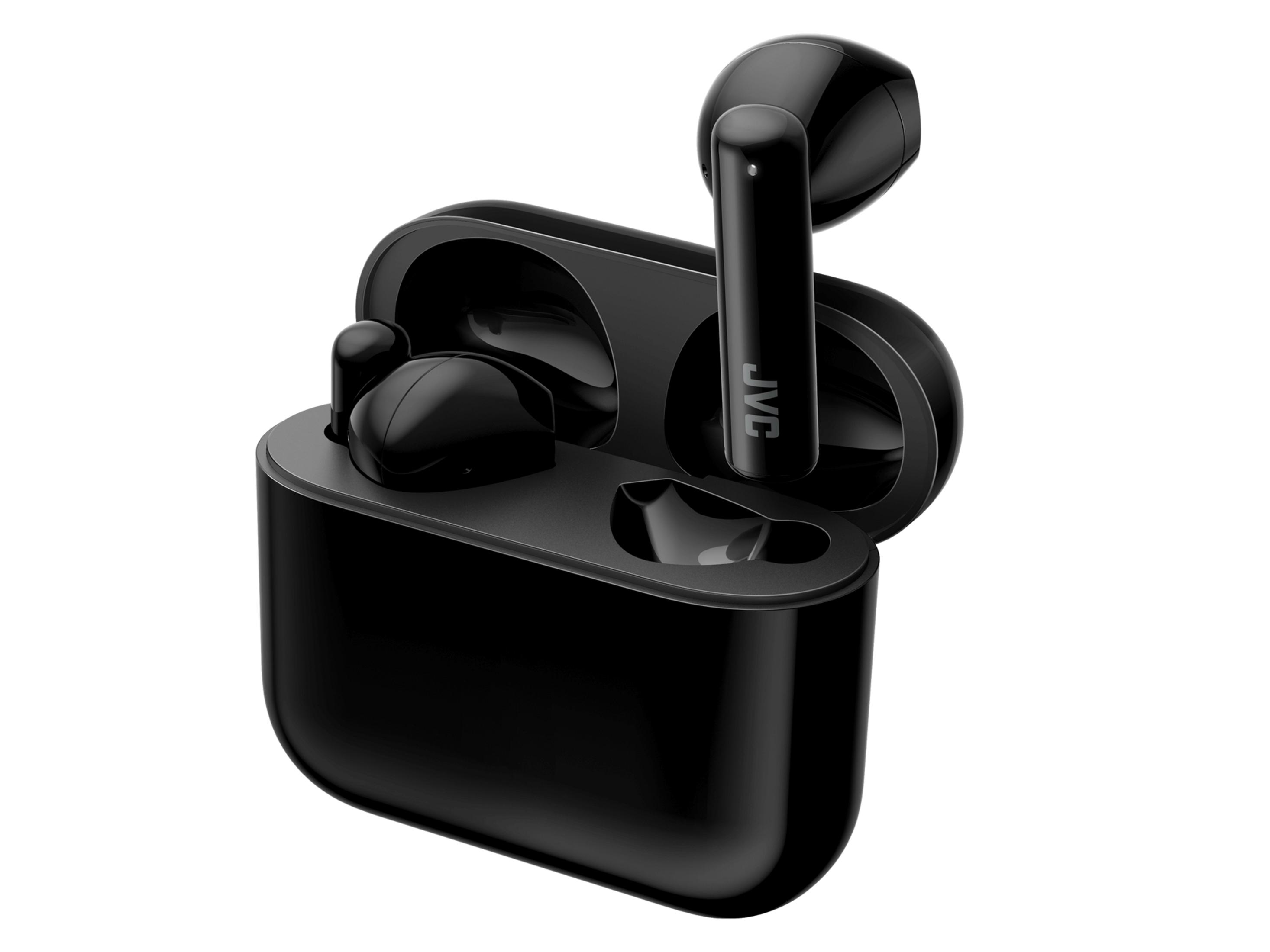 Auricolari JVC neri con custodia di ricarica, un auricolare nella custodia, l'altro fuori.