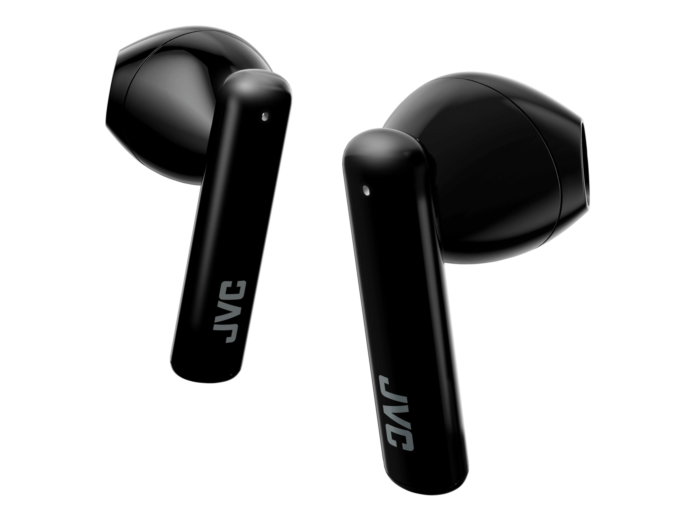 Due auricolari JVC neri lucidi con stelo su sfondo bianco.