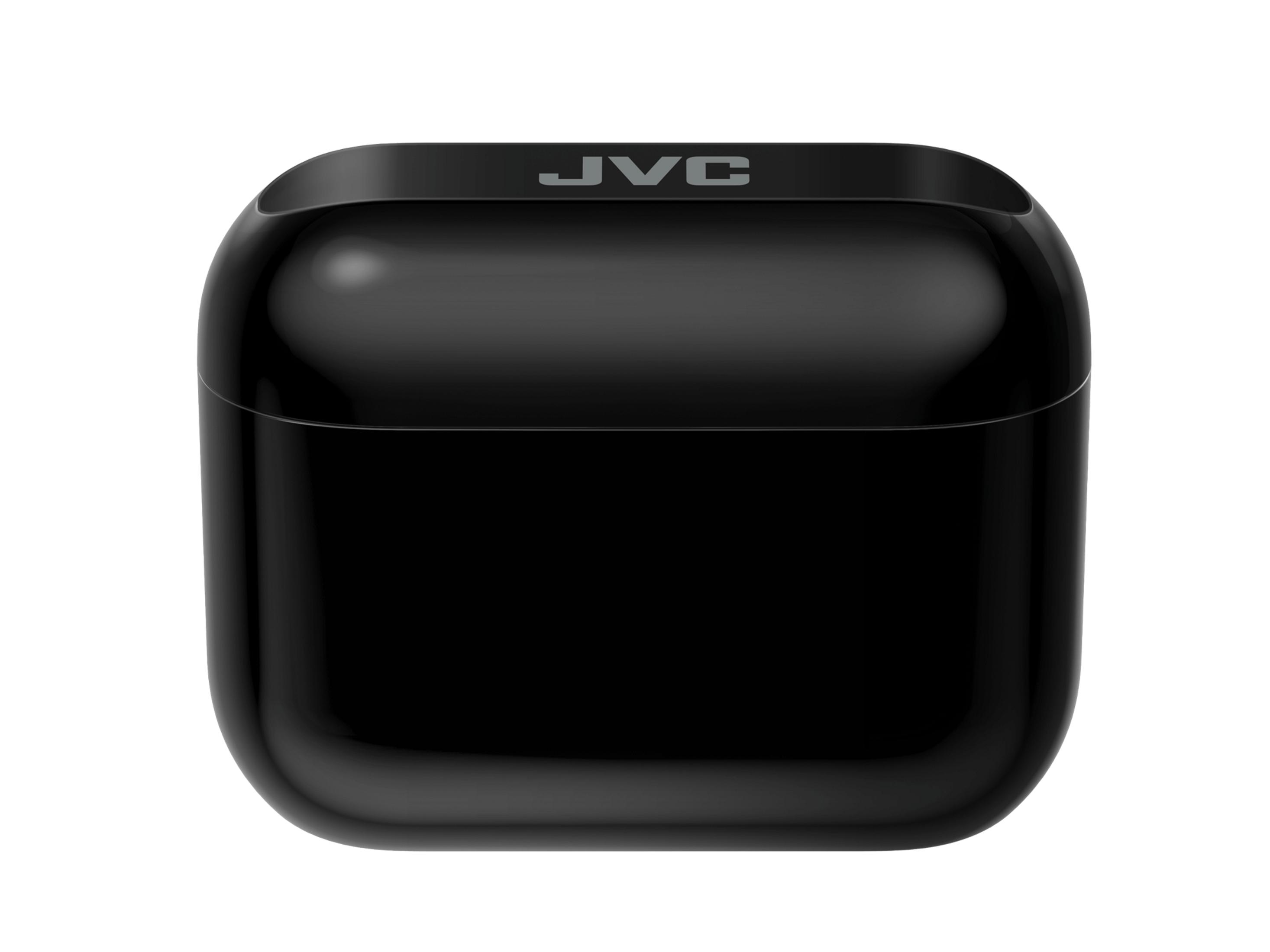 Una custodia di ricarica nera lucida con il logo JVC.