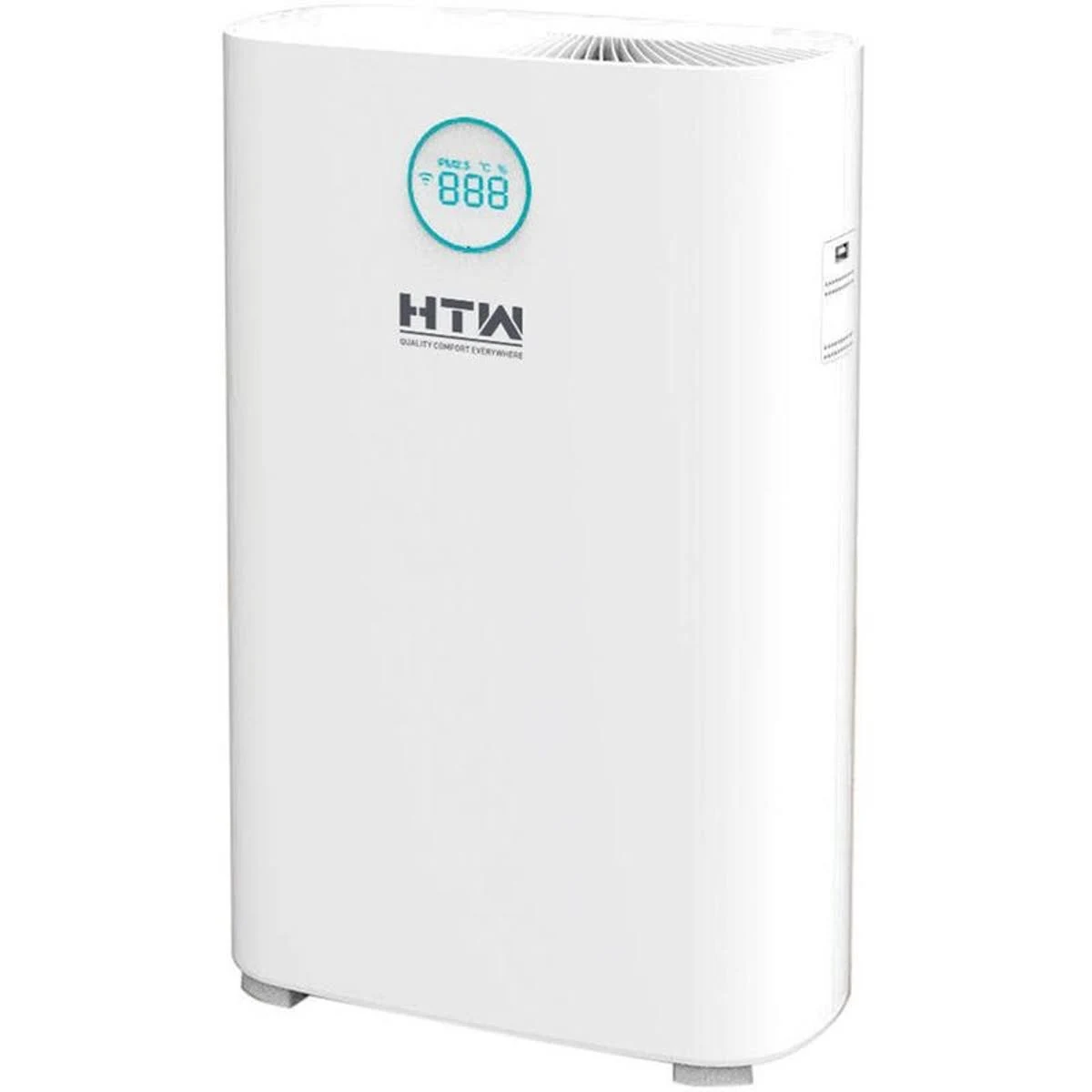 Un purificador de aire blanco con pantalla digital azul que muestra PM2.5, temperatura y humedad.