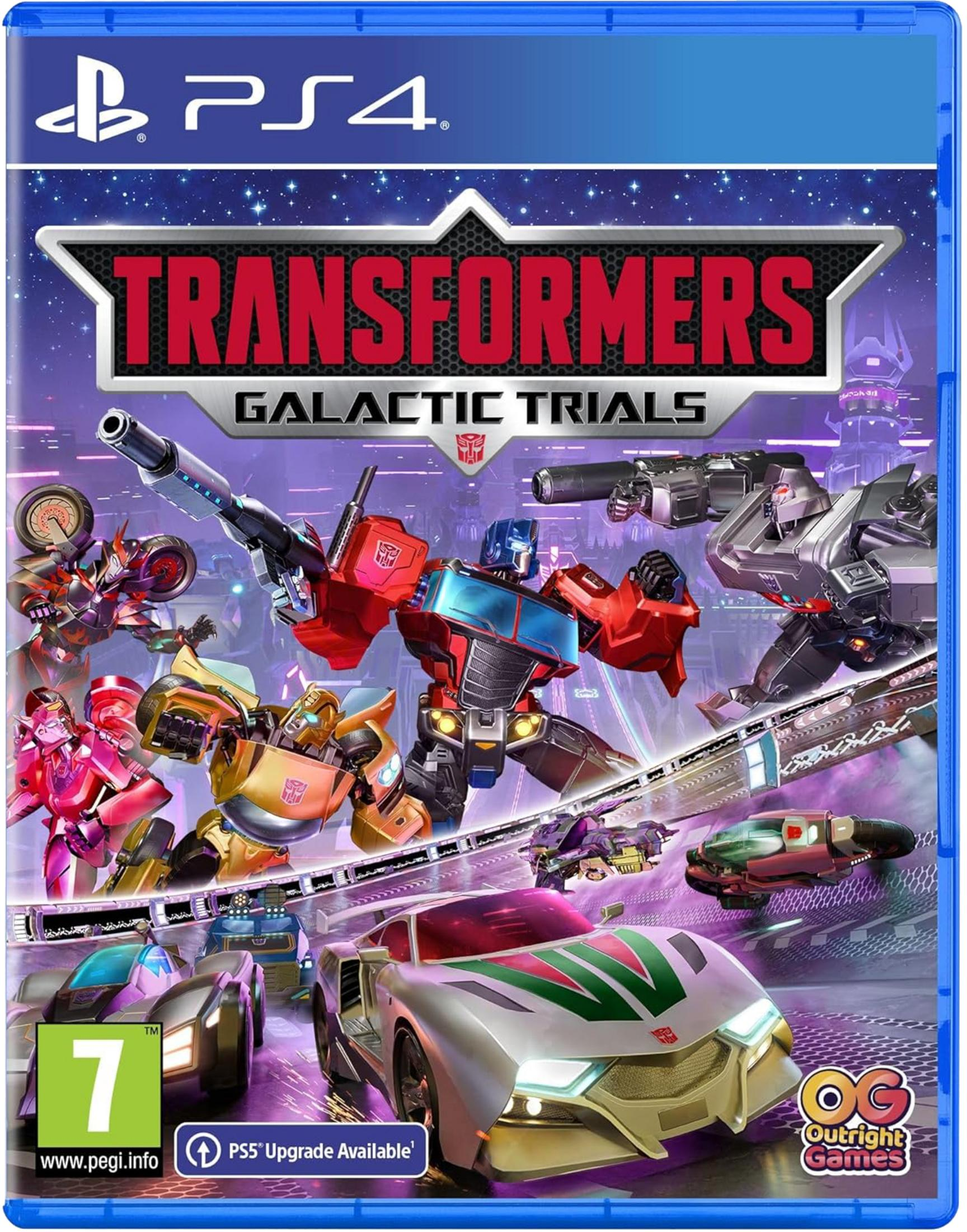 Copertina del gioco PS4 Transformers Galactic Trials con Optimus Prime, Bumblebee, Megatron e auto.