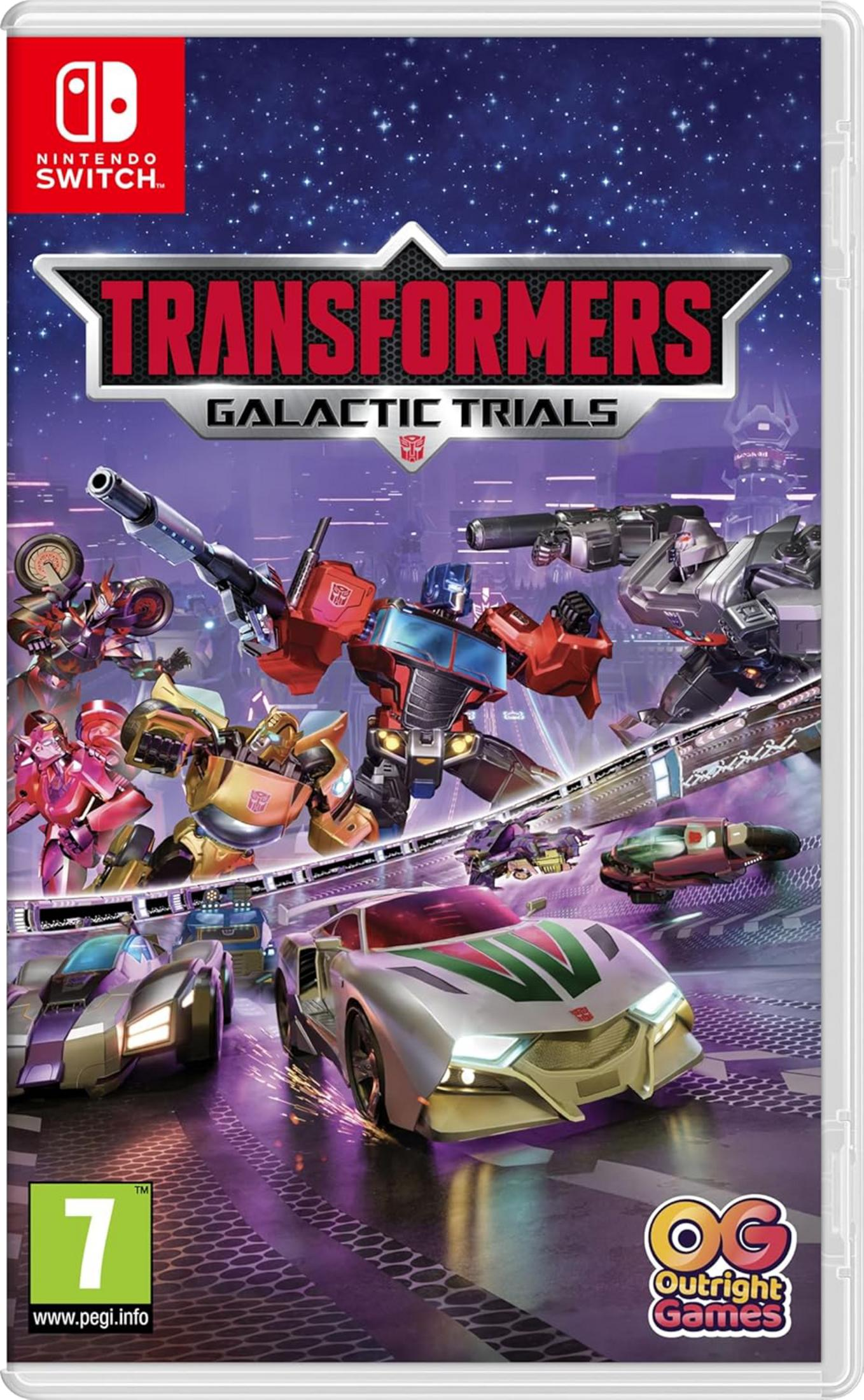 Copertina Transformers Galactic Trials: Auto da corsa Optimus Prime, Bumblebee e Megatron.