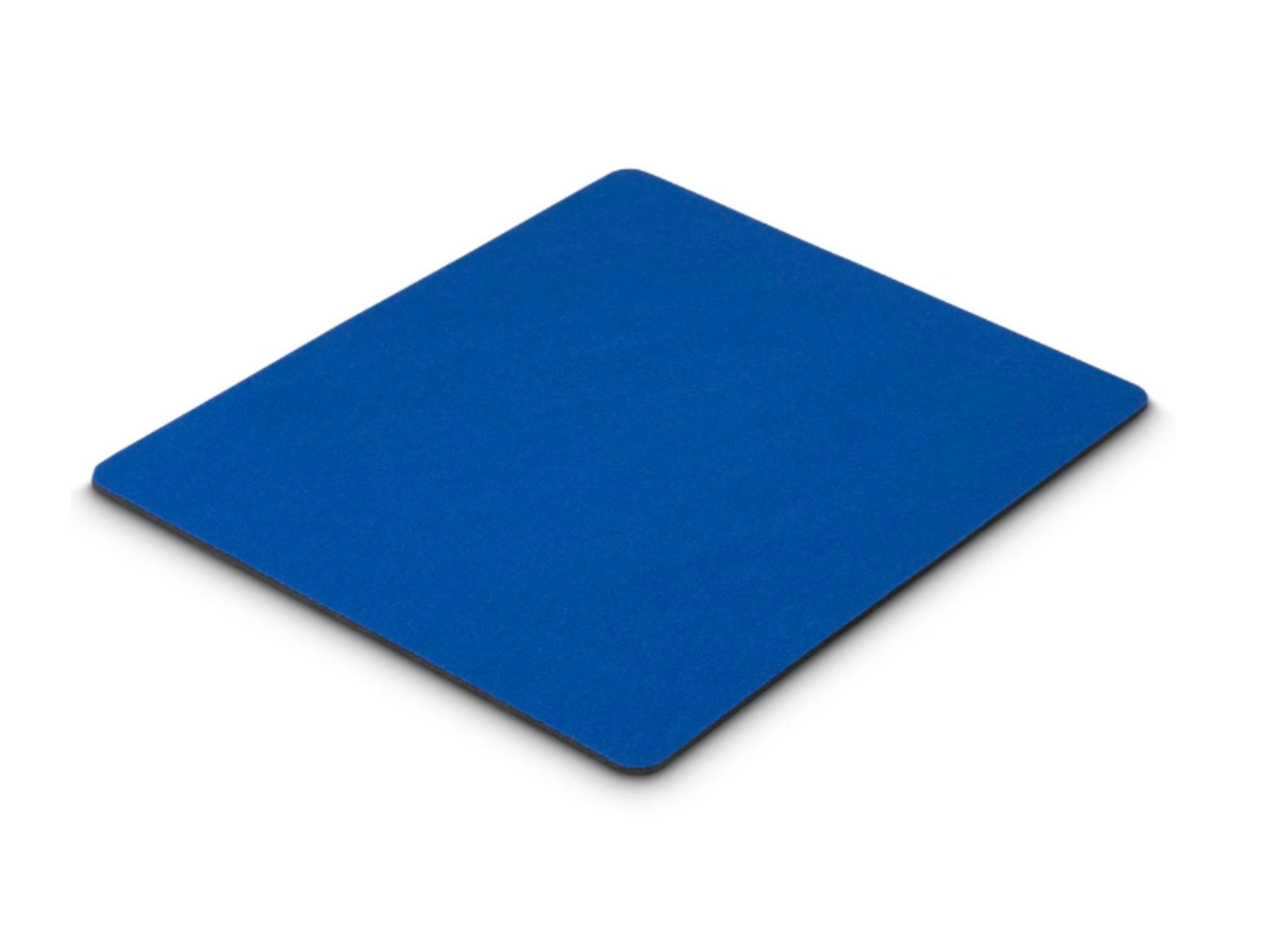 Un tappetino per mouse blu rettangolare su sfondo bianco.
