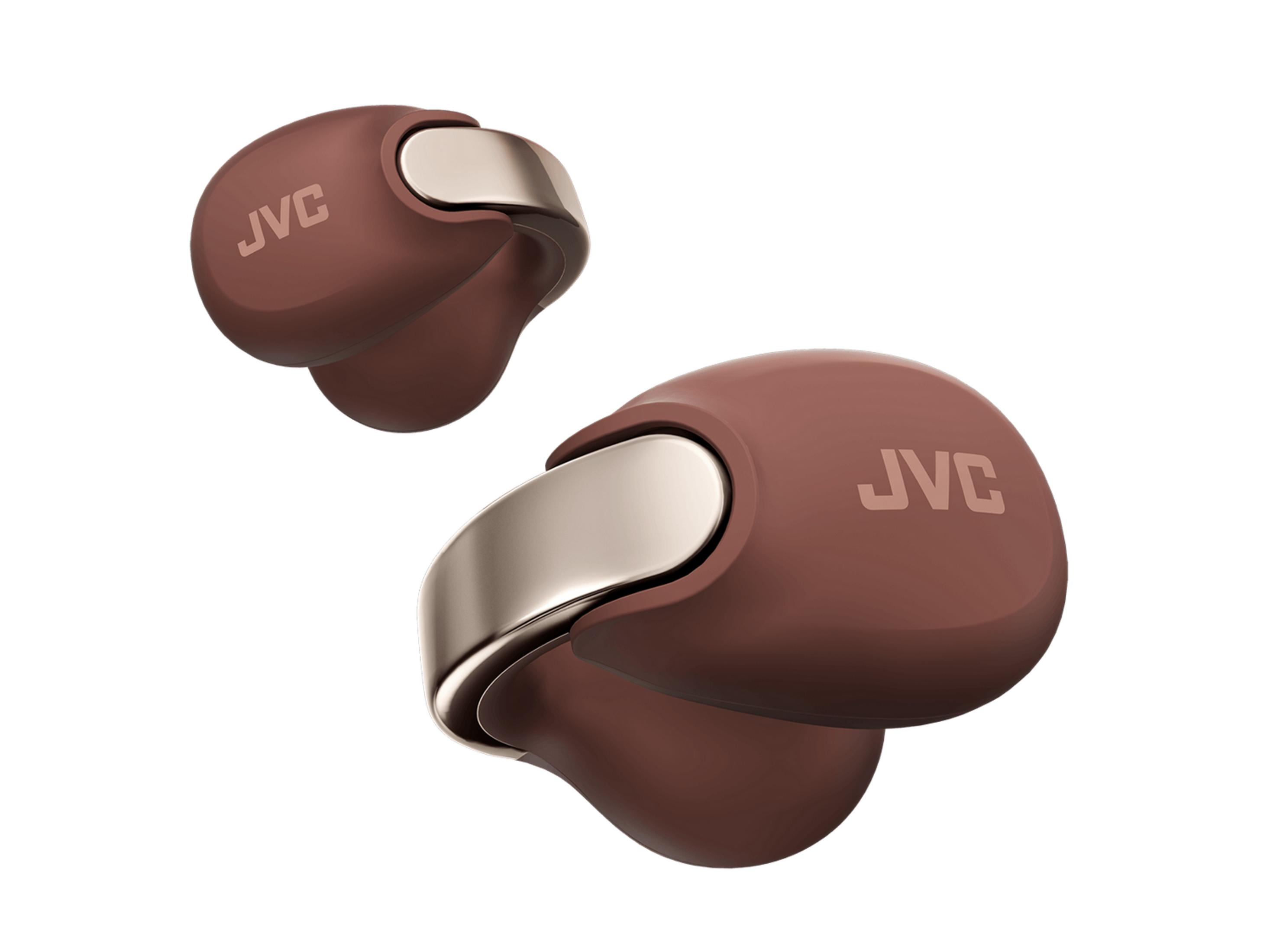 Due auricolari JVC marroni con accenti argentati su sfondo bianco.