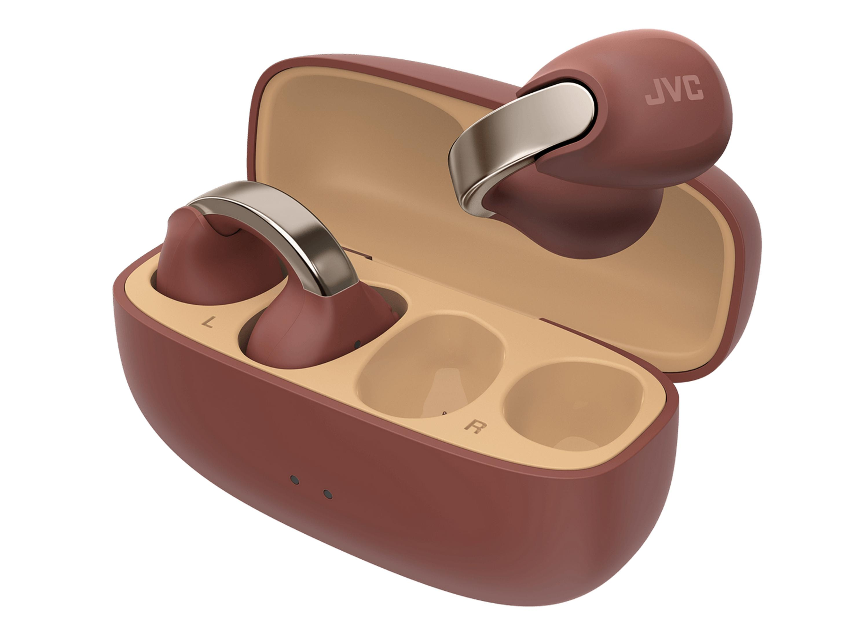 Auricolari JVC marroni con custodia di ricarica, accenti argentati e logo JVC.