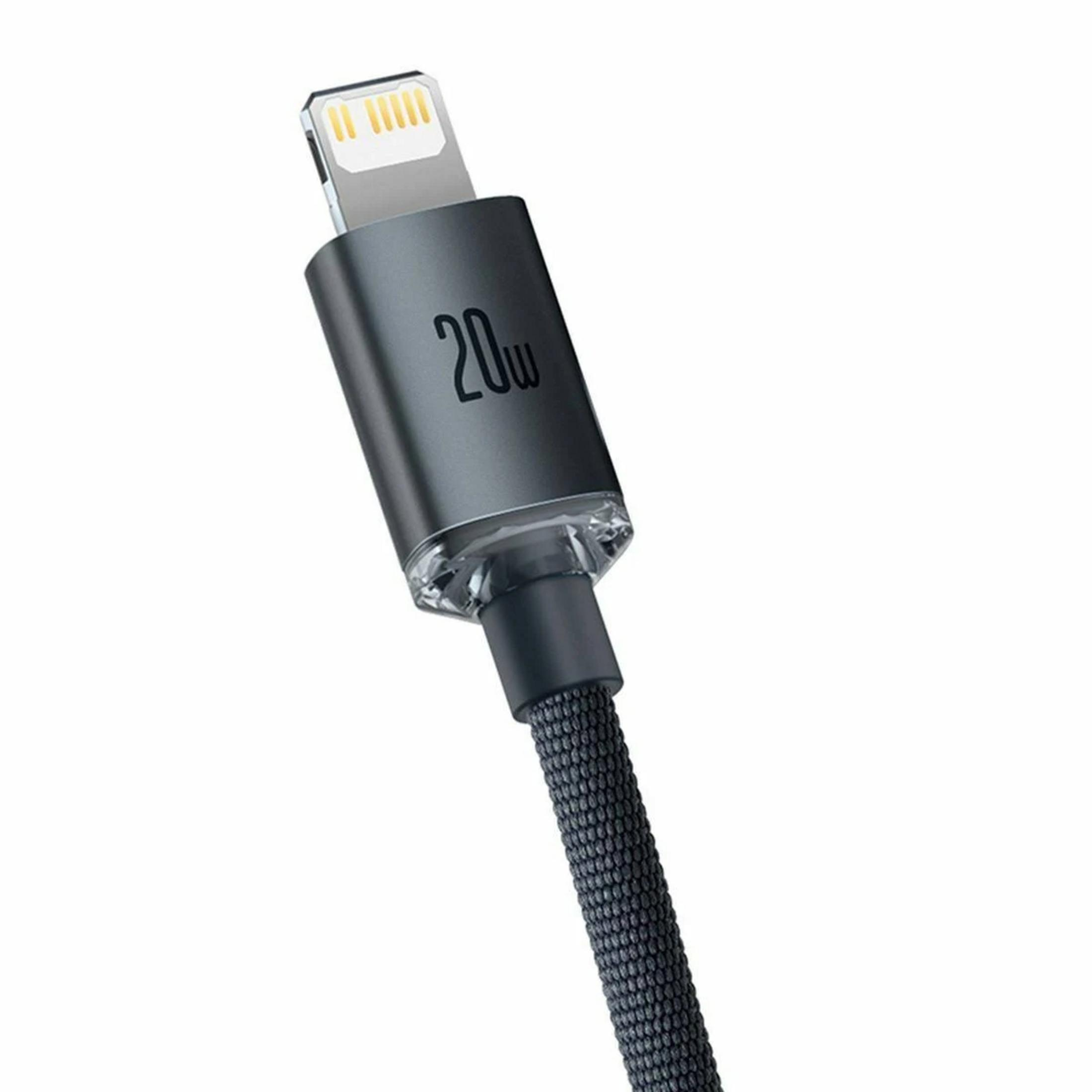 Grijze oplaadconnector met 20W-aanduiding en gevlochten kabel.