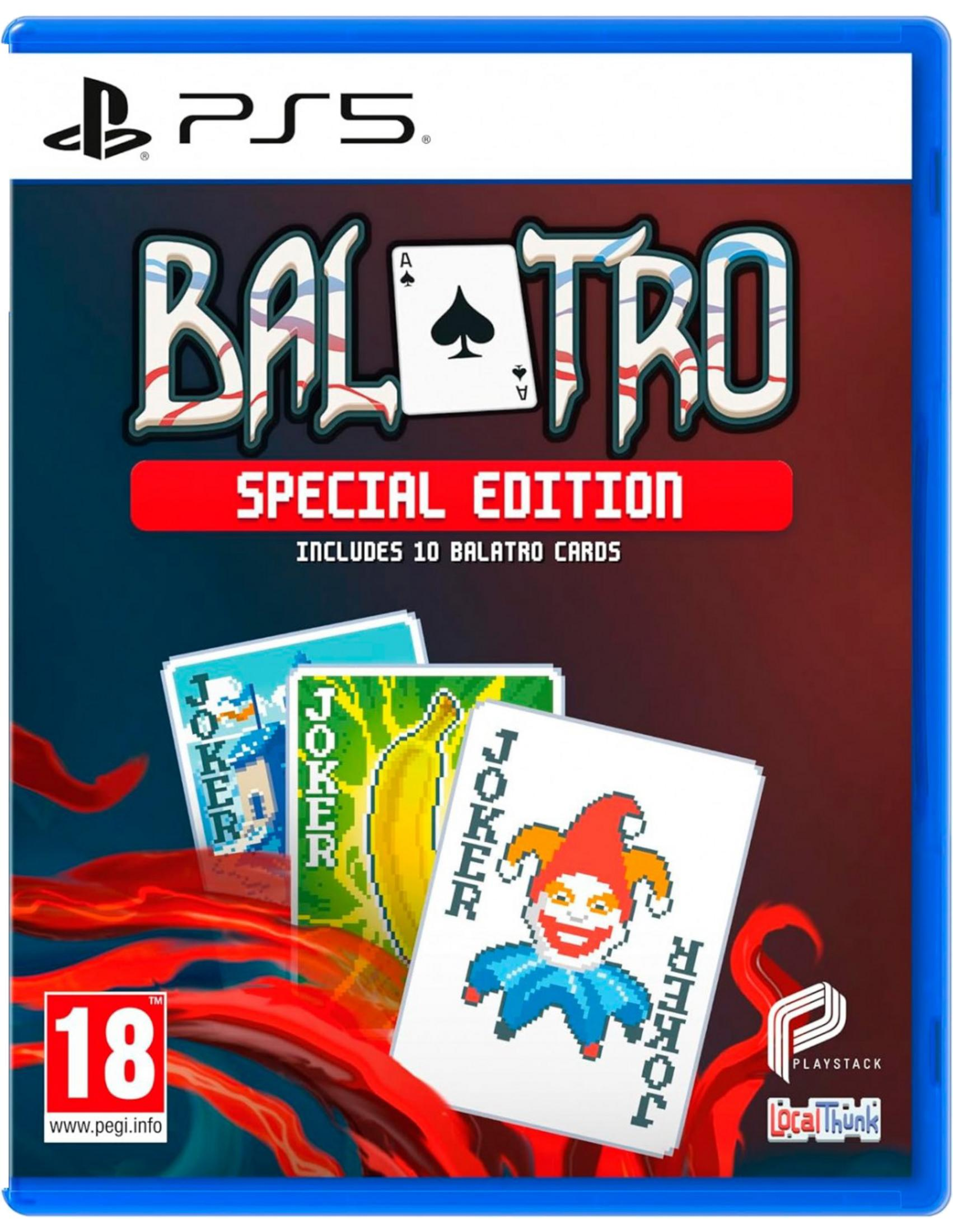 Caja de juego PS5 con título "Balatro", cartas y clasificación por edad 18.