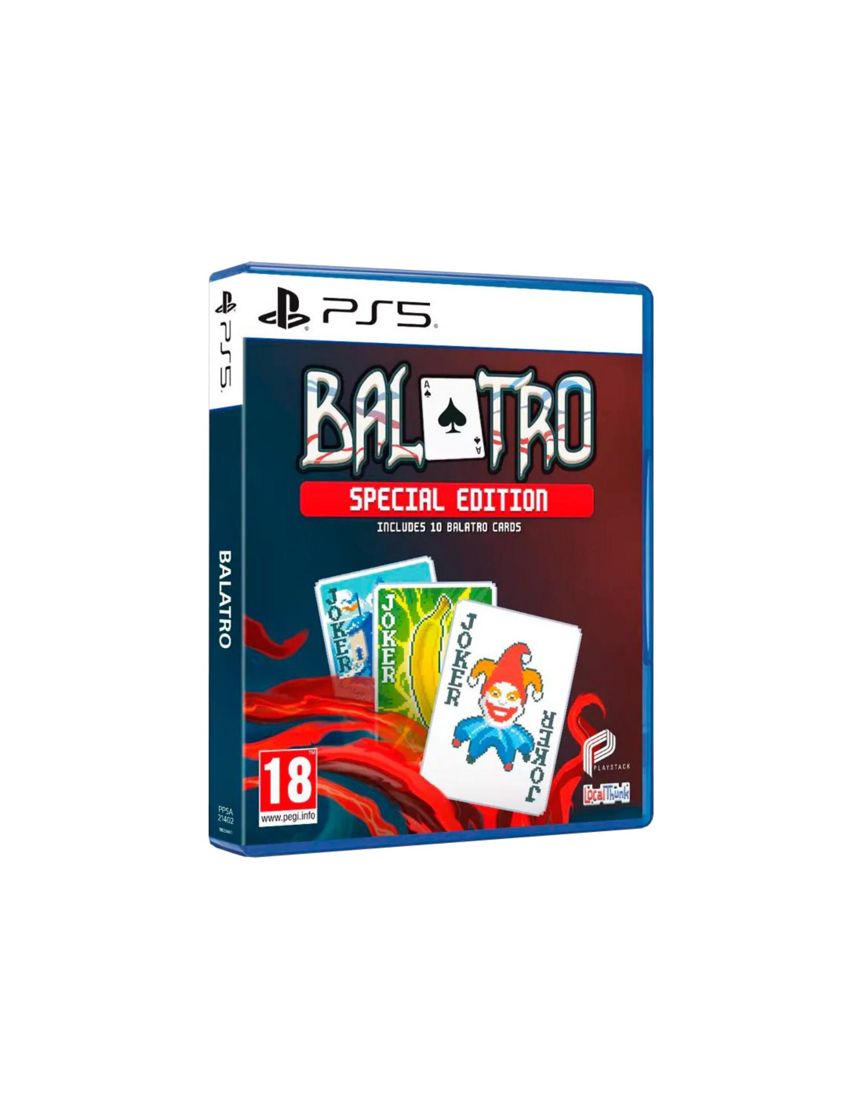 Funda del juego PS5 Balatro Edición Especial con cartas, incluyendo comodines y la calificación PEGI 18.