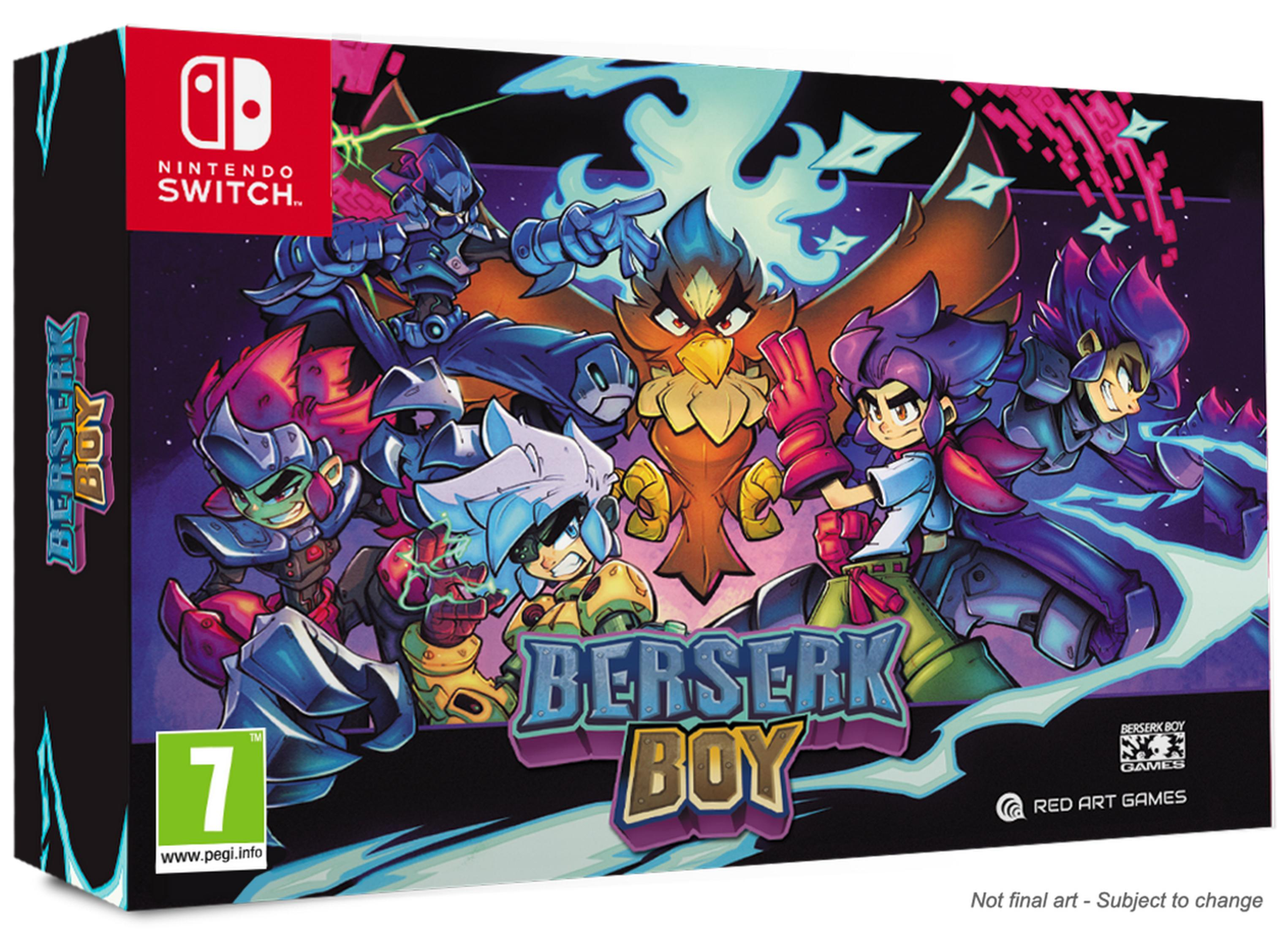 Confezione gioco Nintendo Switch 'Berserk Boy' con personaggi colorati e uccello.