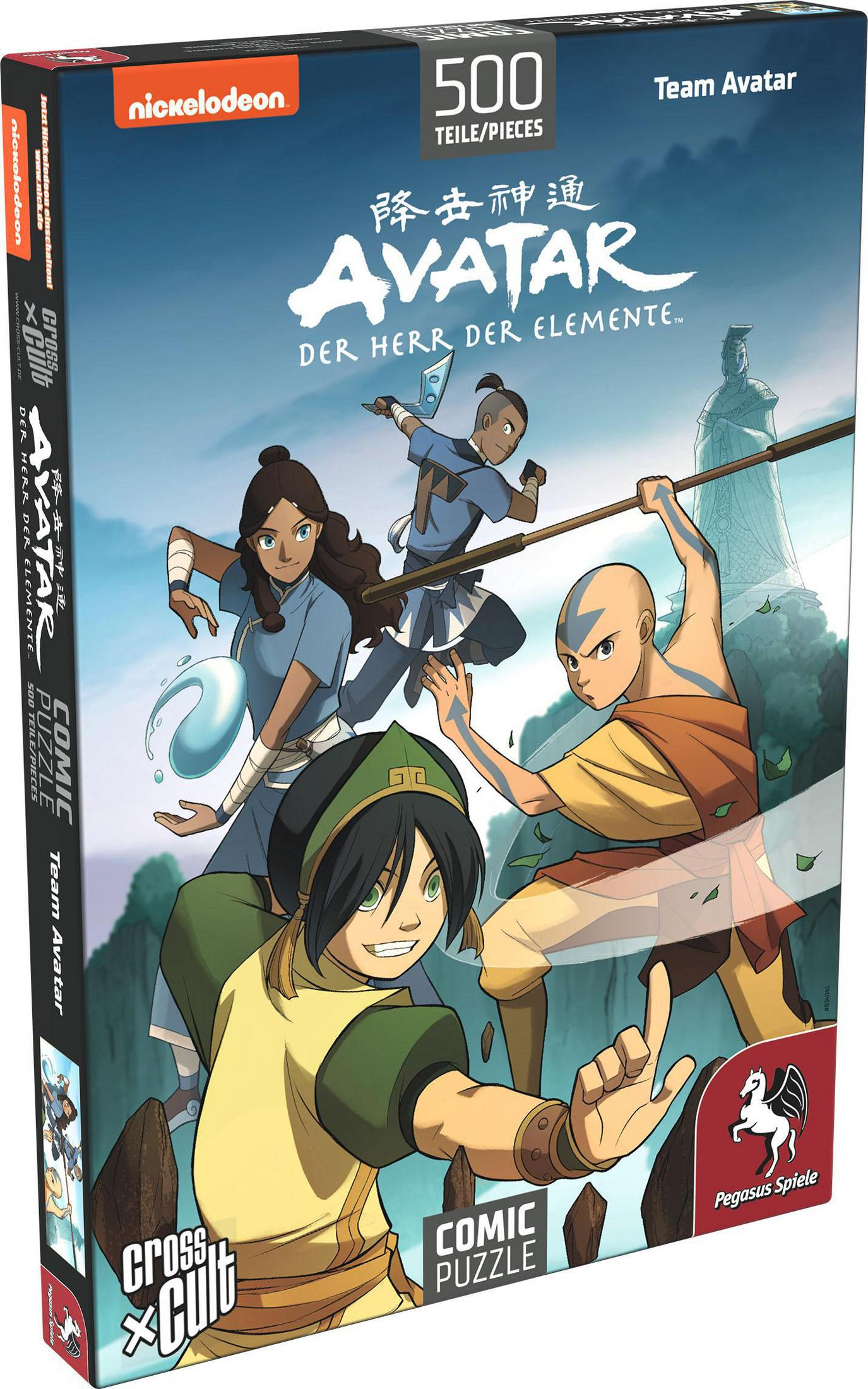 Avatar-Figuren kämpfen, Aang mit Pfeil und Bogen, Katara mit Wasser, Toph mit Erdkraft.