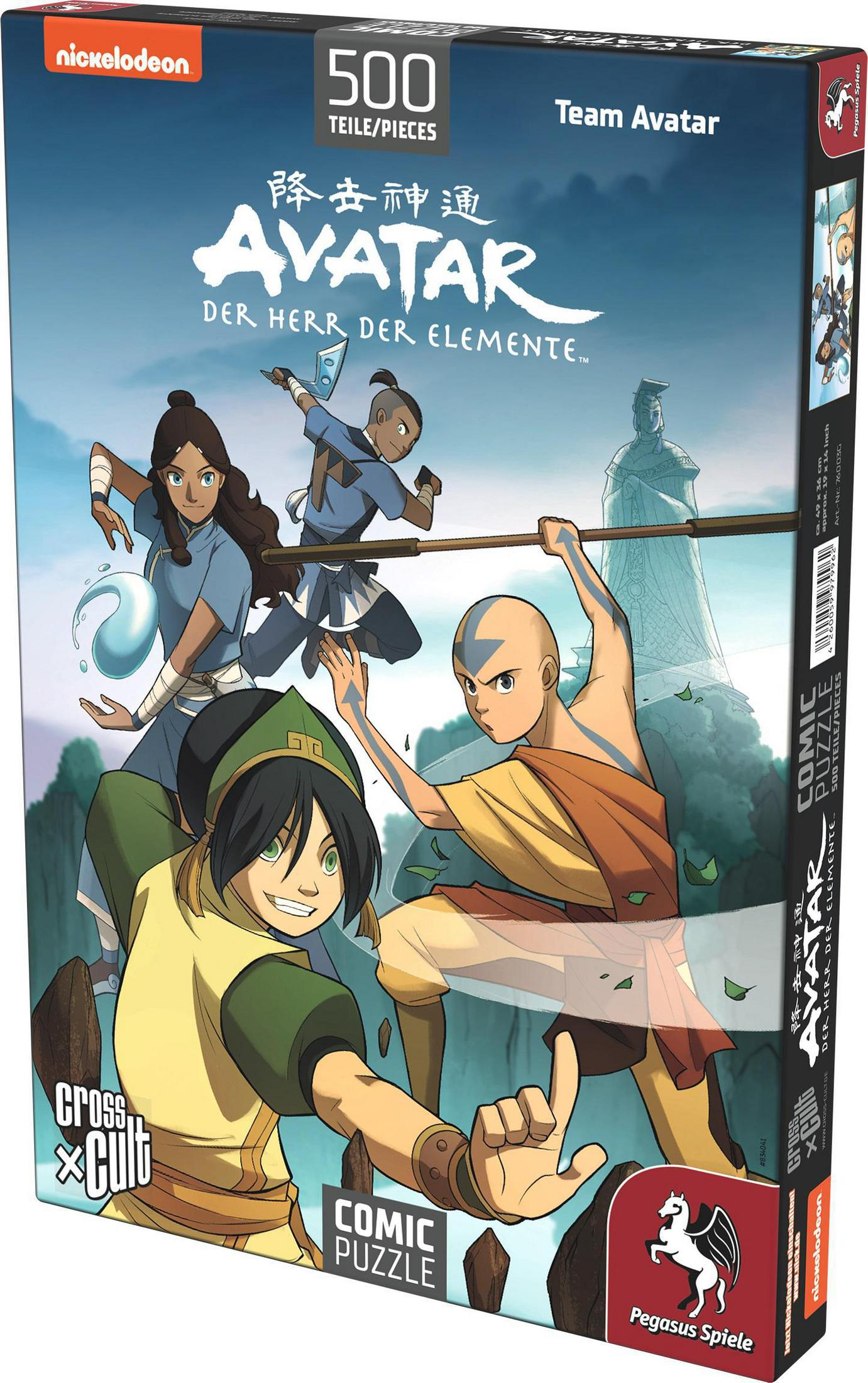 Avatar-Team mit Aang, Katara, Sokka und Toph vor mystischer Kulisse.