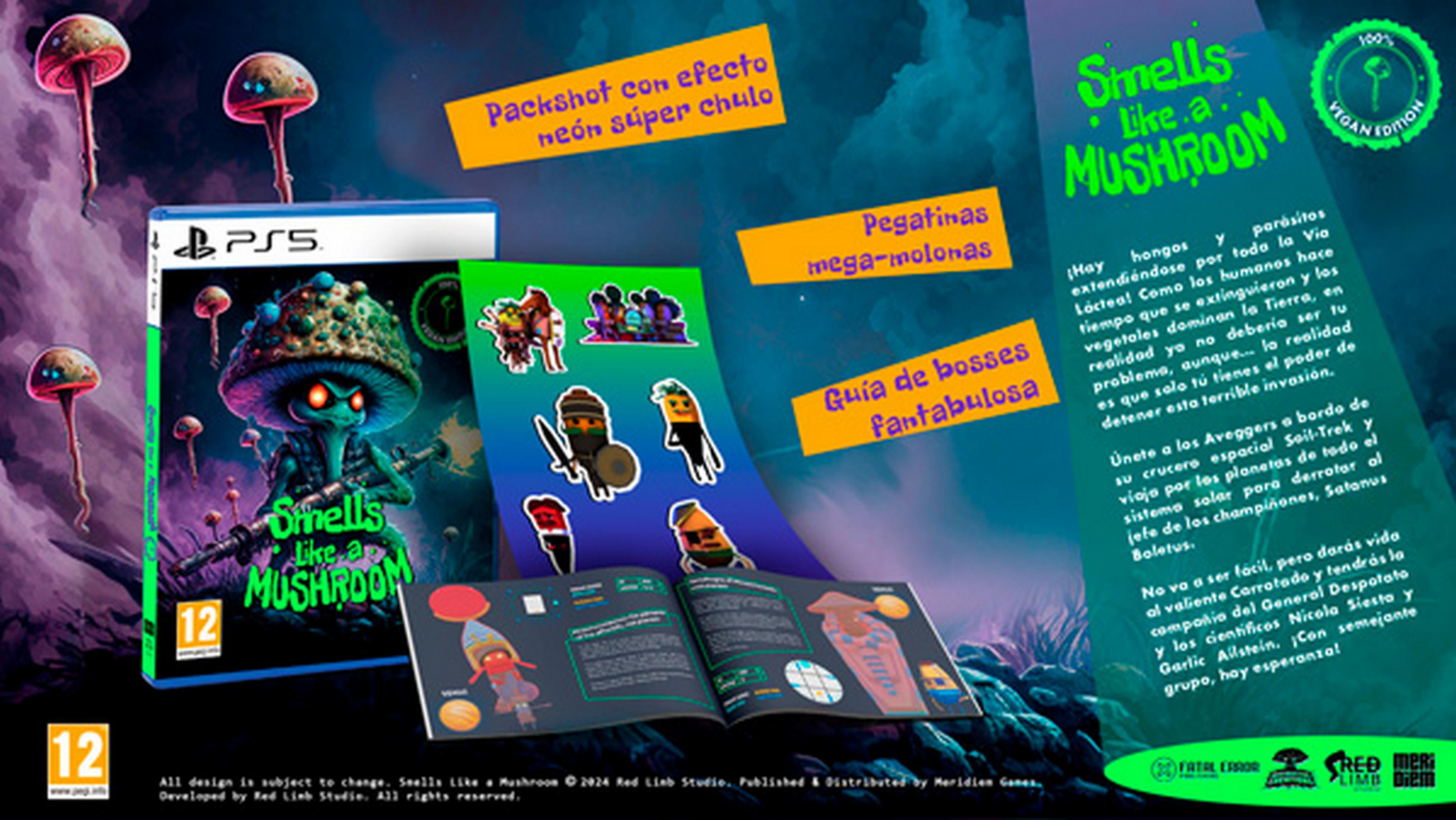 PS5-Spiel "Smells Like a Mushroom" mit Cover, Aufklebern und Handbuch.