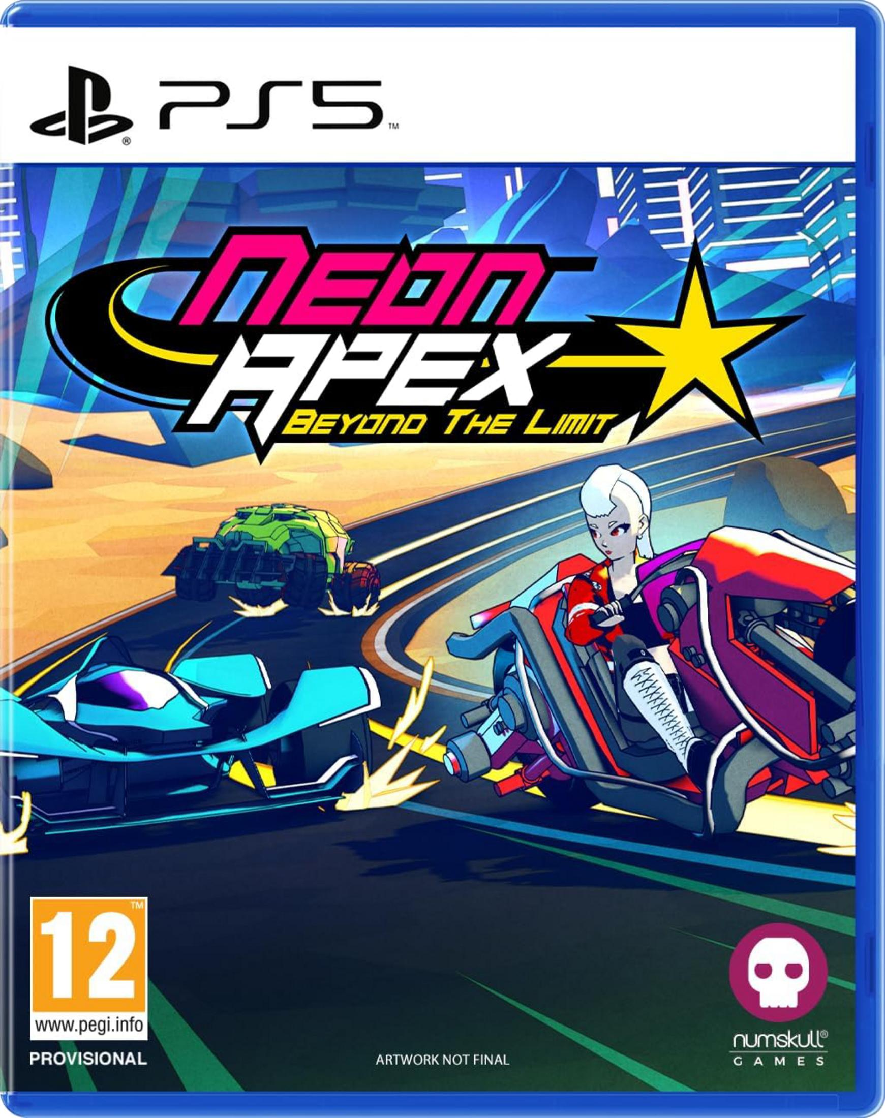 Copertina gioco PS5: Neon Apex, con veicoli da corsa futuristici e città stilizzata.