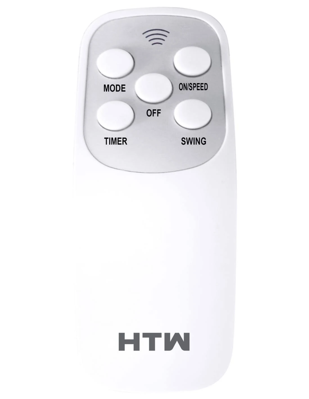 Un control remoto blanco con botones etiquetados MODO, APAGADO, TEMPORIZADOR, ENCENDIDO/VELOCIDAD, OSCILACIÓN.