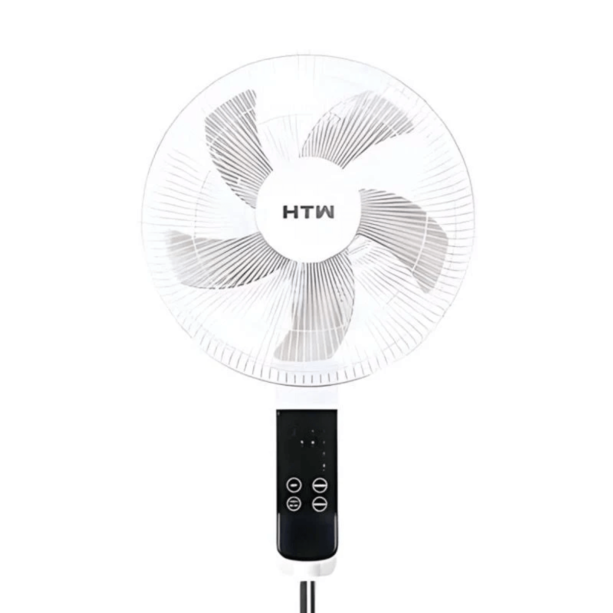 Un ventilador de pedestal blanco HTW con panel de control negro y botones plateados.
