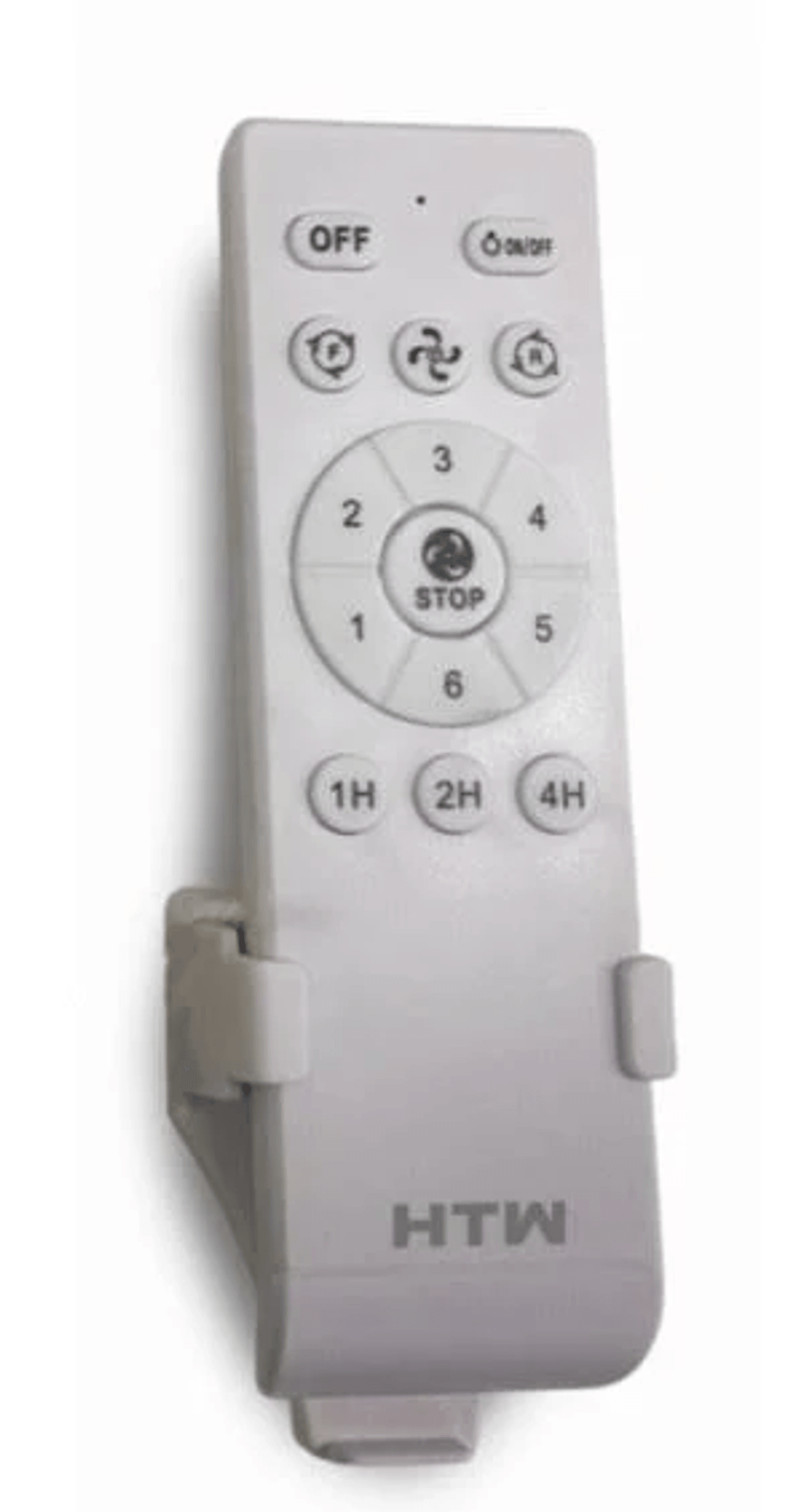 Un control remoto blanco con botones de ventilador y temporizador, logo HTW abajo.
