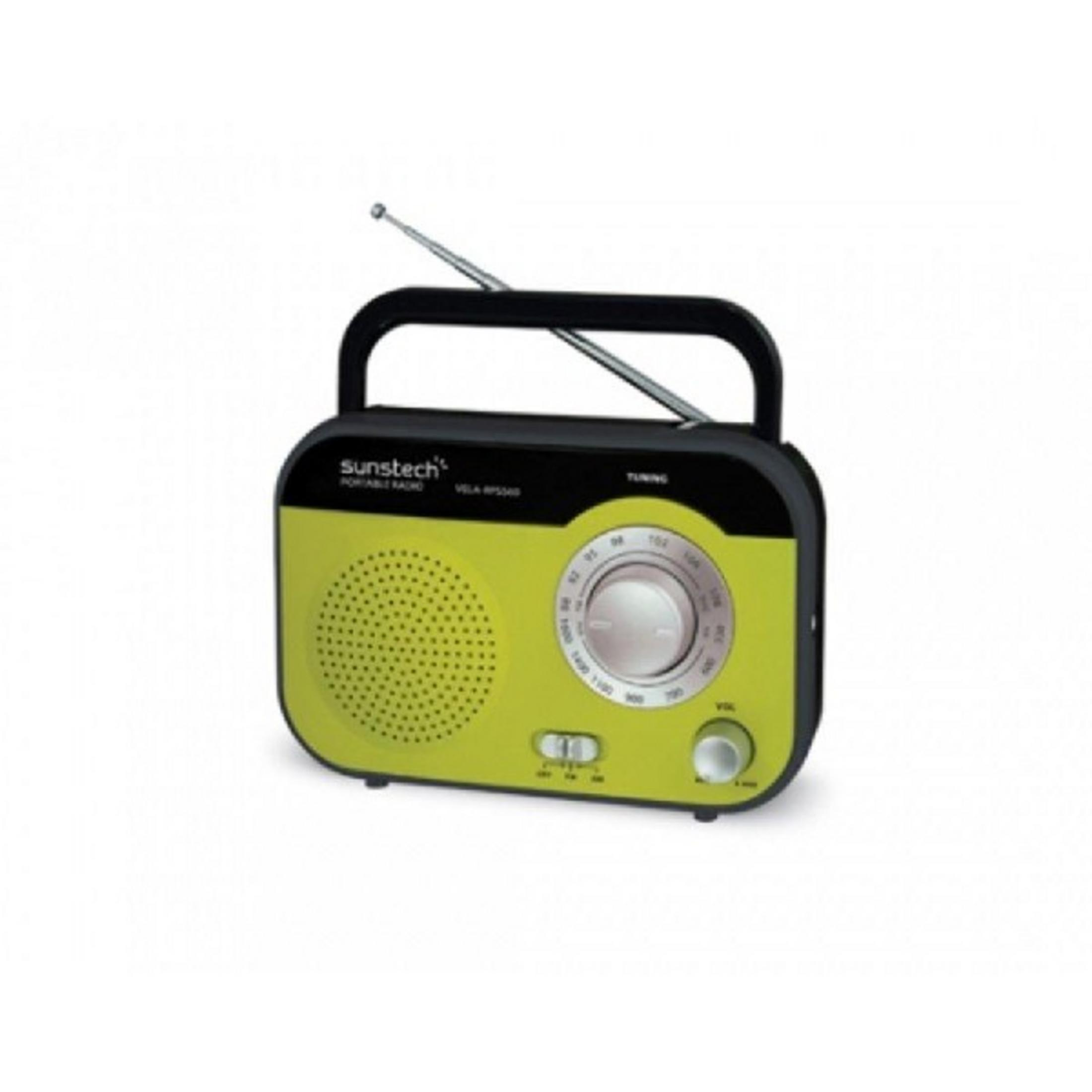 A portable radio with a yellow casing and black handle. Antenna extended.