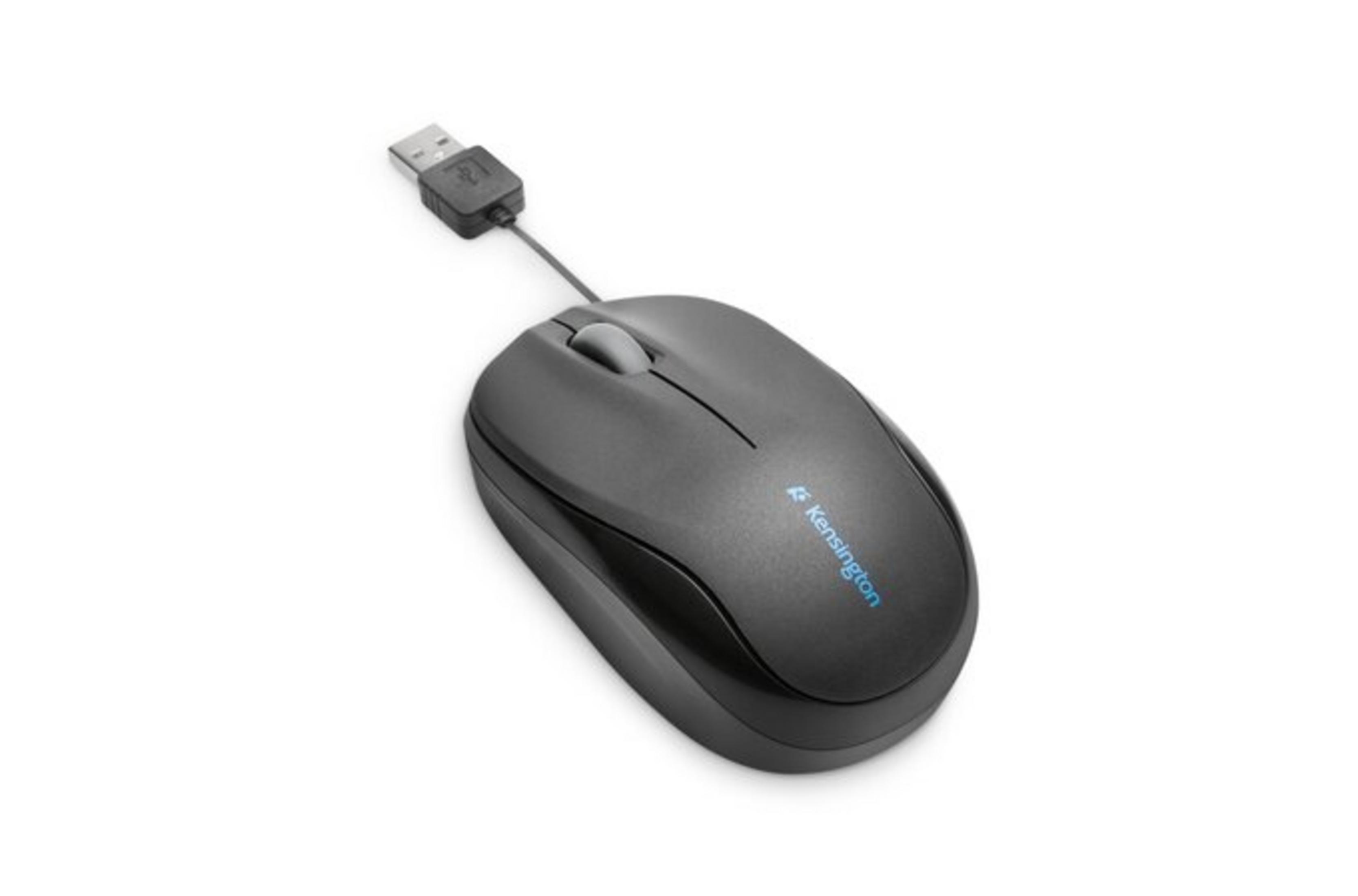 Mouse USB Kensington grigio con rotella e cavo su sfondo bianco.