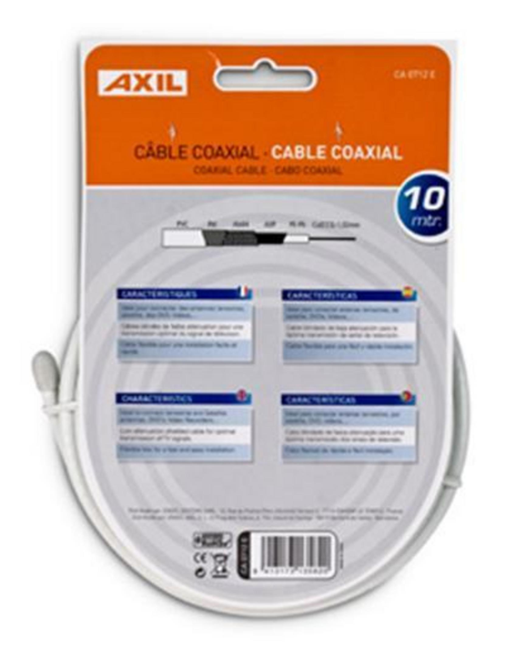 Embalaje de un cable coaxial AXIL de 10 metros con características del producto.