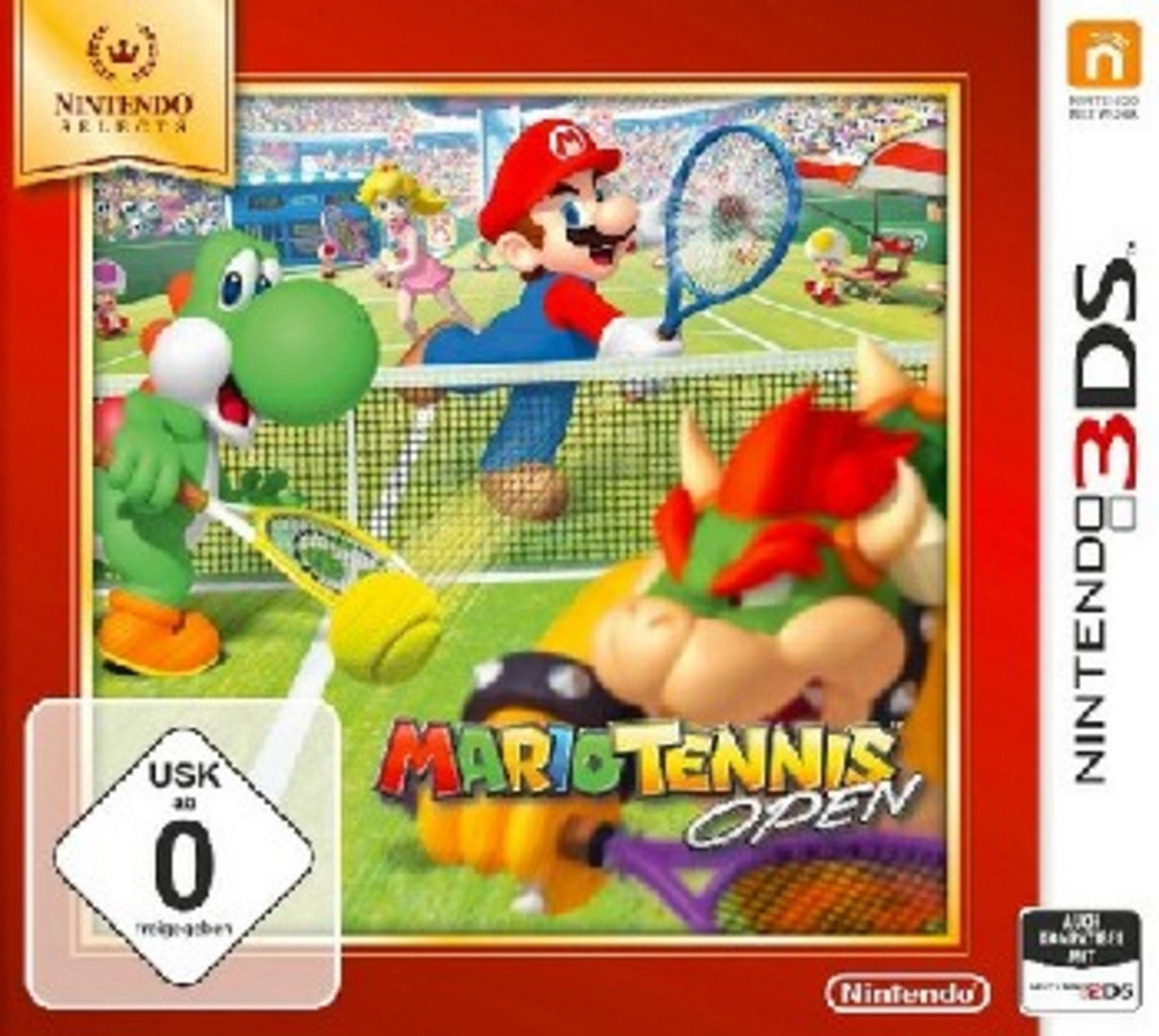 Portada Mario Tennis Open 3DS: Personajes como Mario, Yoshi, Peach y Bowser jugando tenis.