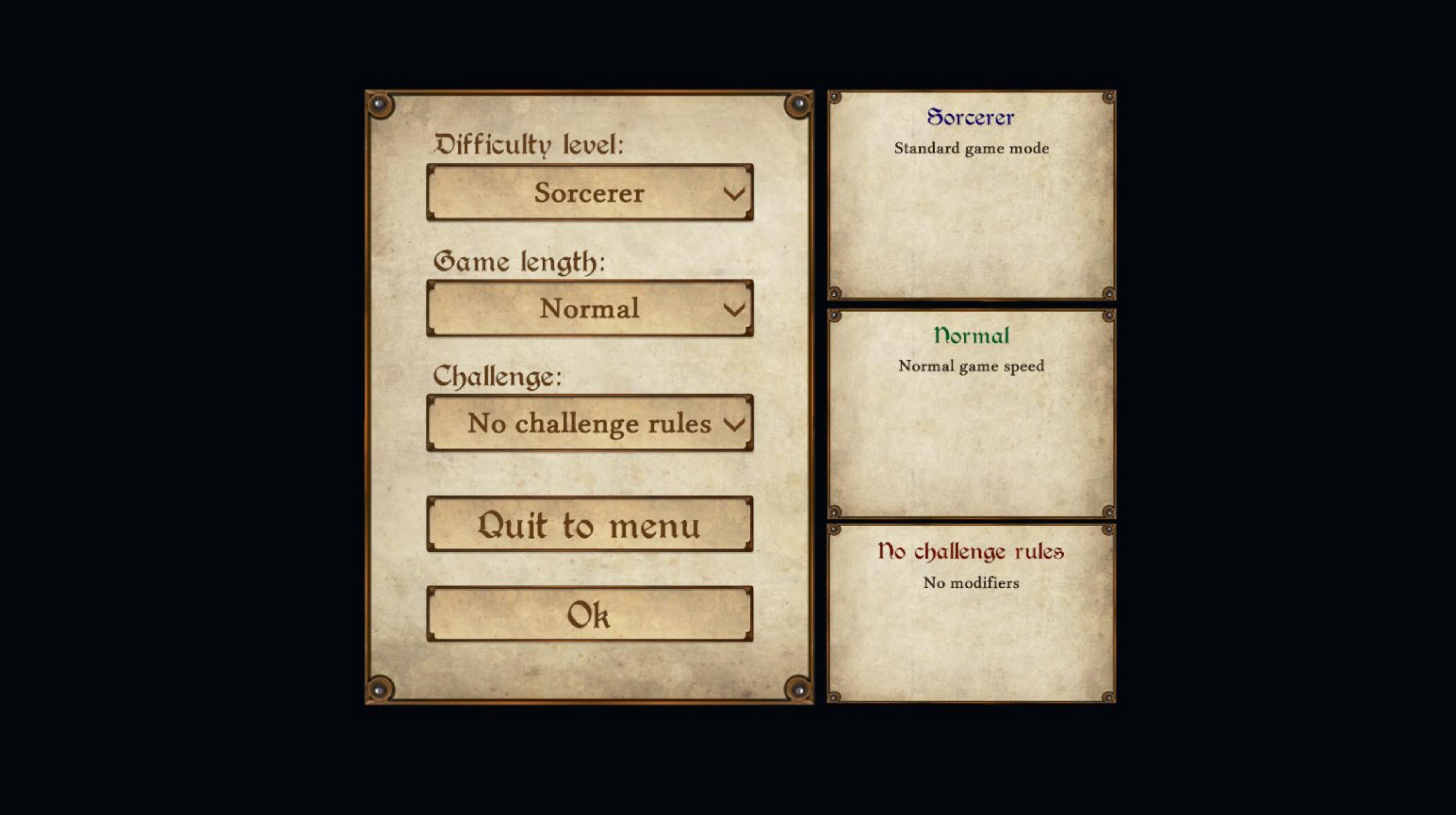 Menu impostazioni di gioco con opzioni per difficoltà, durata e regole sfida.