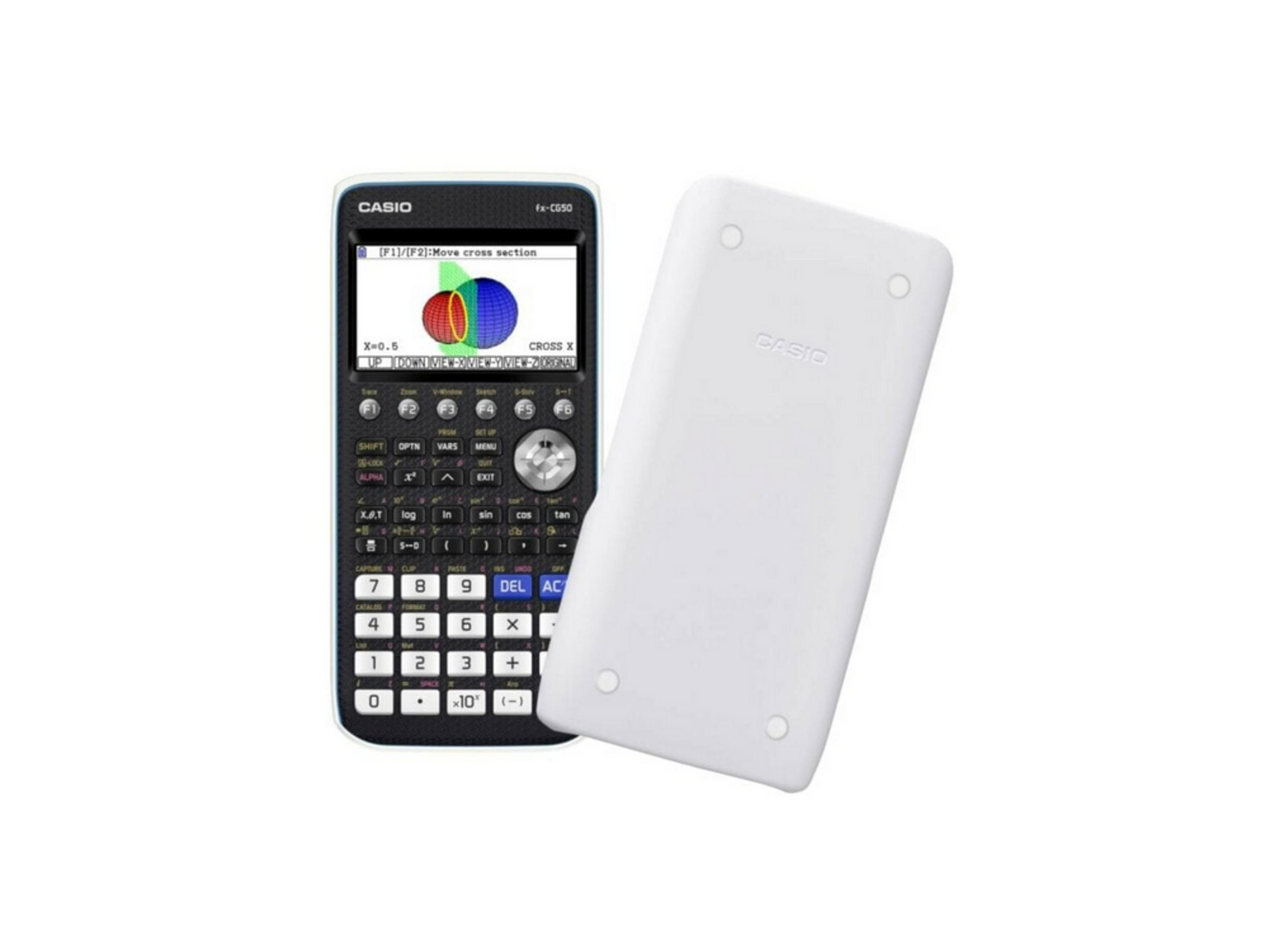 Una calculadora gráfica Casio con su tapa blanca mostrada por separado.