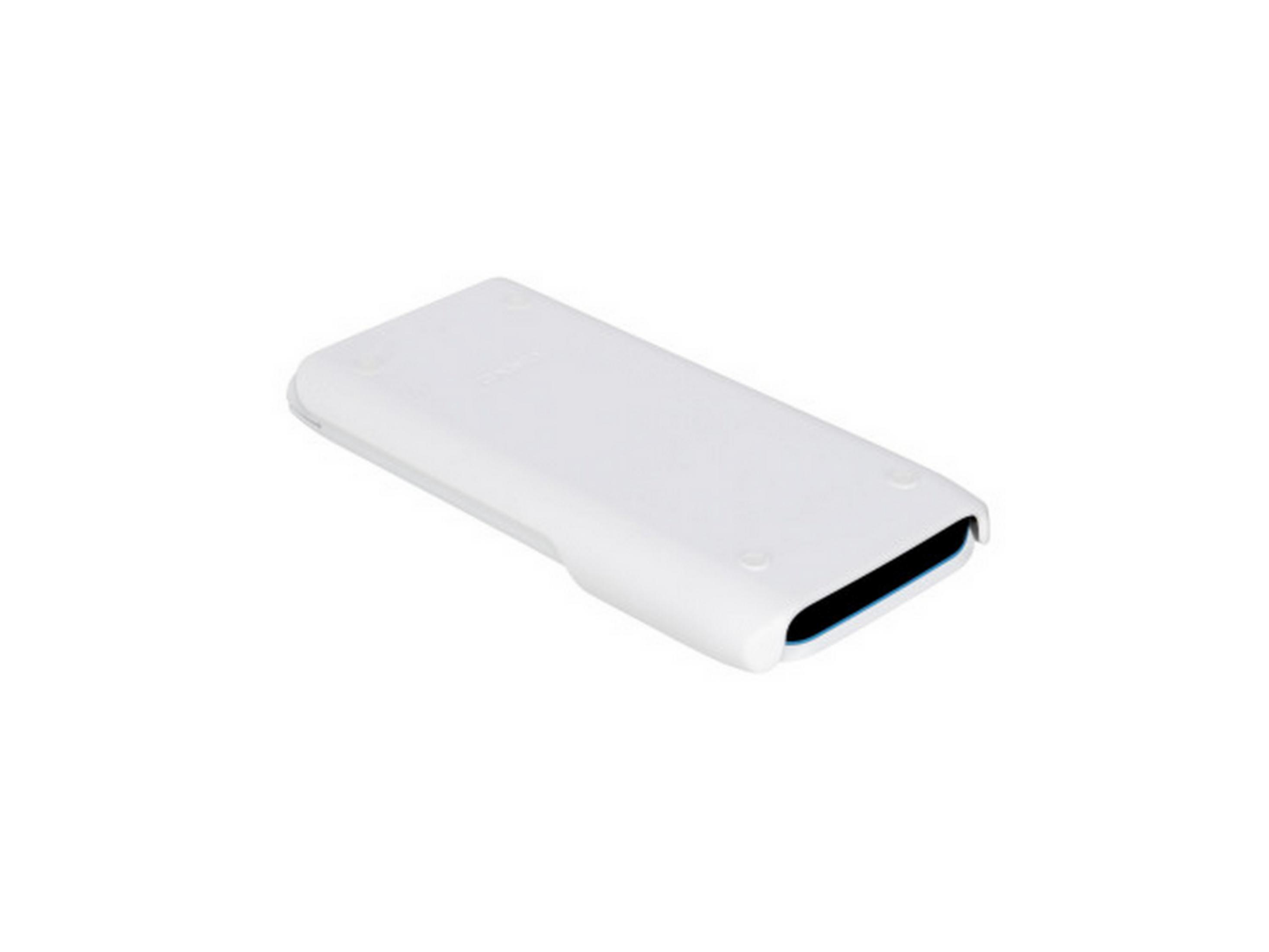 Un dispositivo blanco y rectangular con una ranura negra y azul en un extremo.