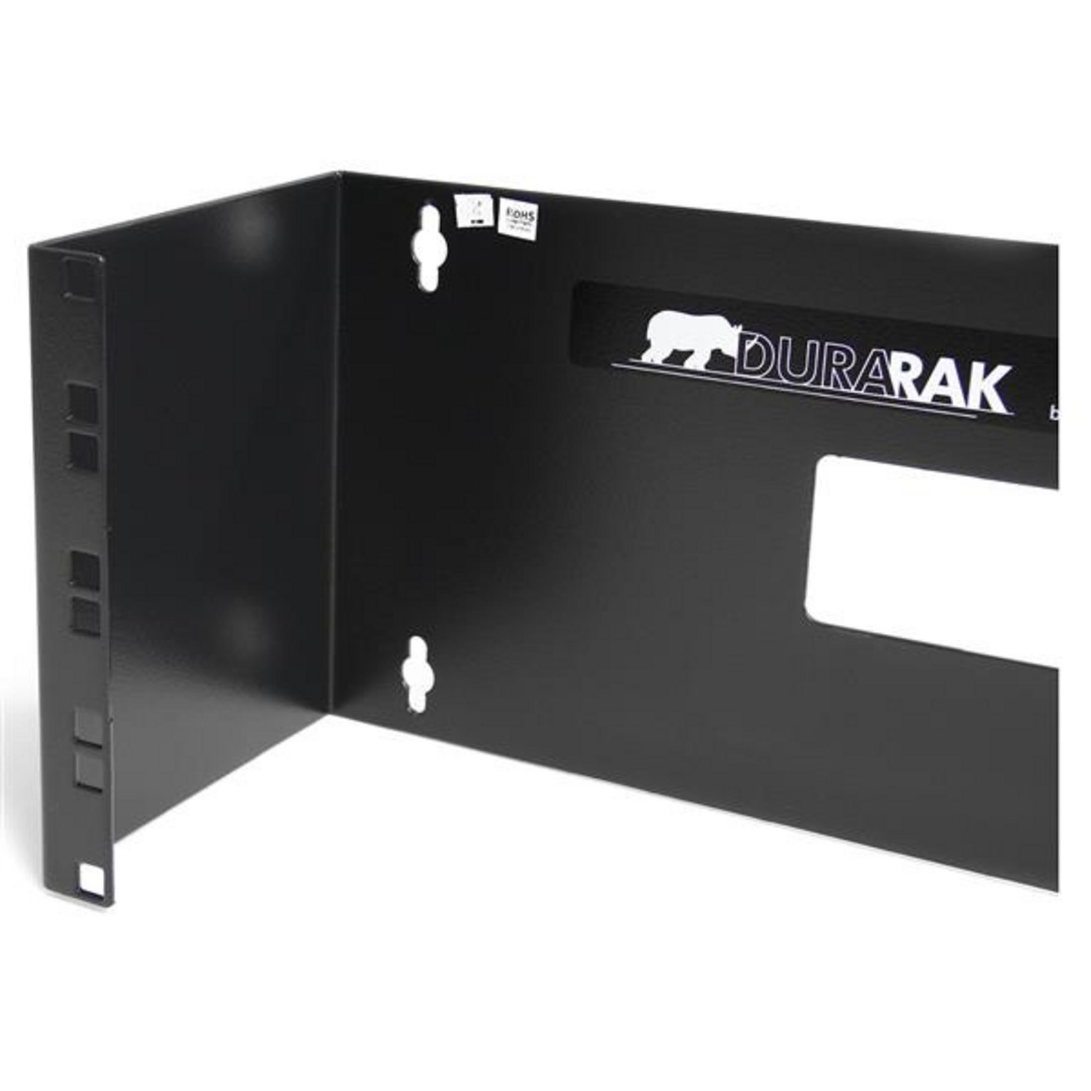 Support noir pour rack serveur Durarack avec profil en L et trous de montage.