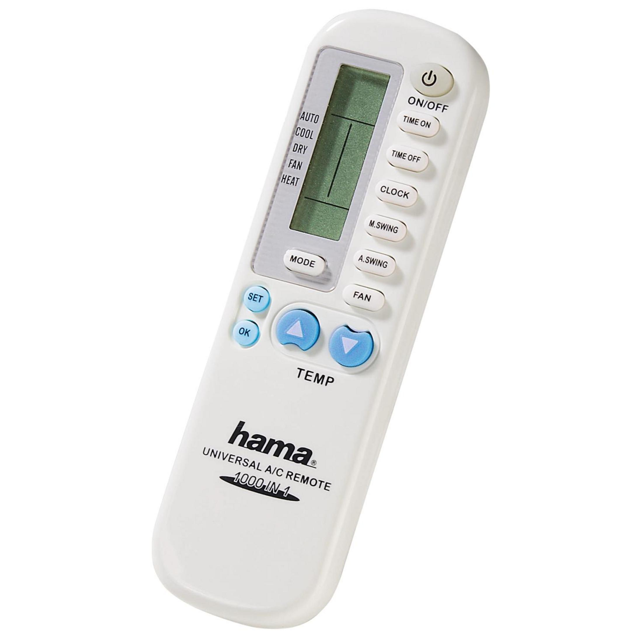 Un mando a distancia universal de aire acondicionado blanco con pantalla y botones.