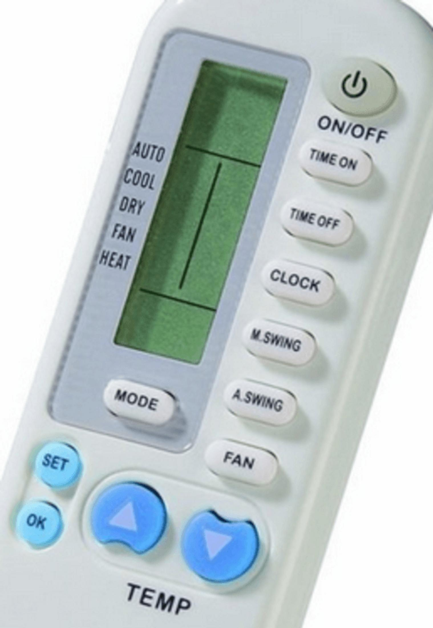 Un mando a distancia blanco de aire acondicionado con pantalla LCD y botones.