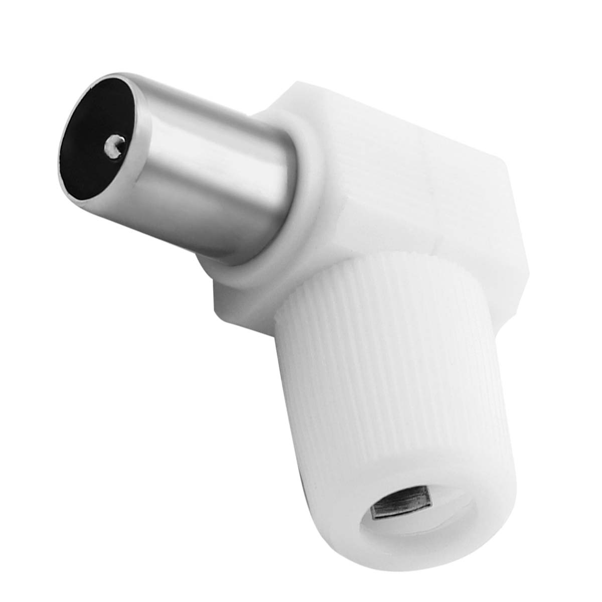 Ein weißer 90-Grad-F-Steckeradapter mit silbernem Metallstift.