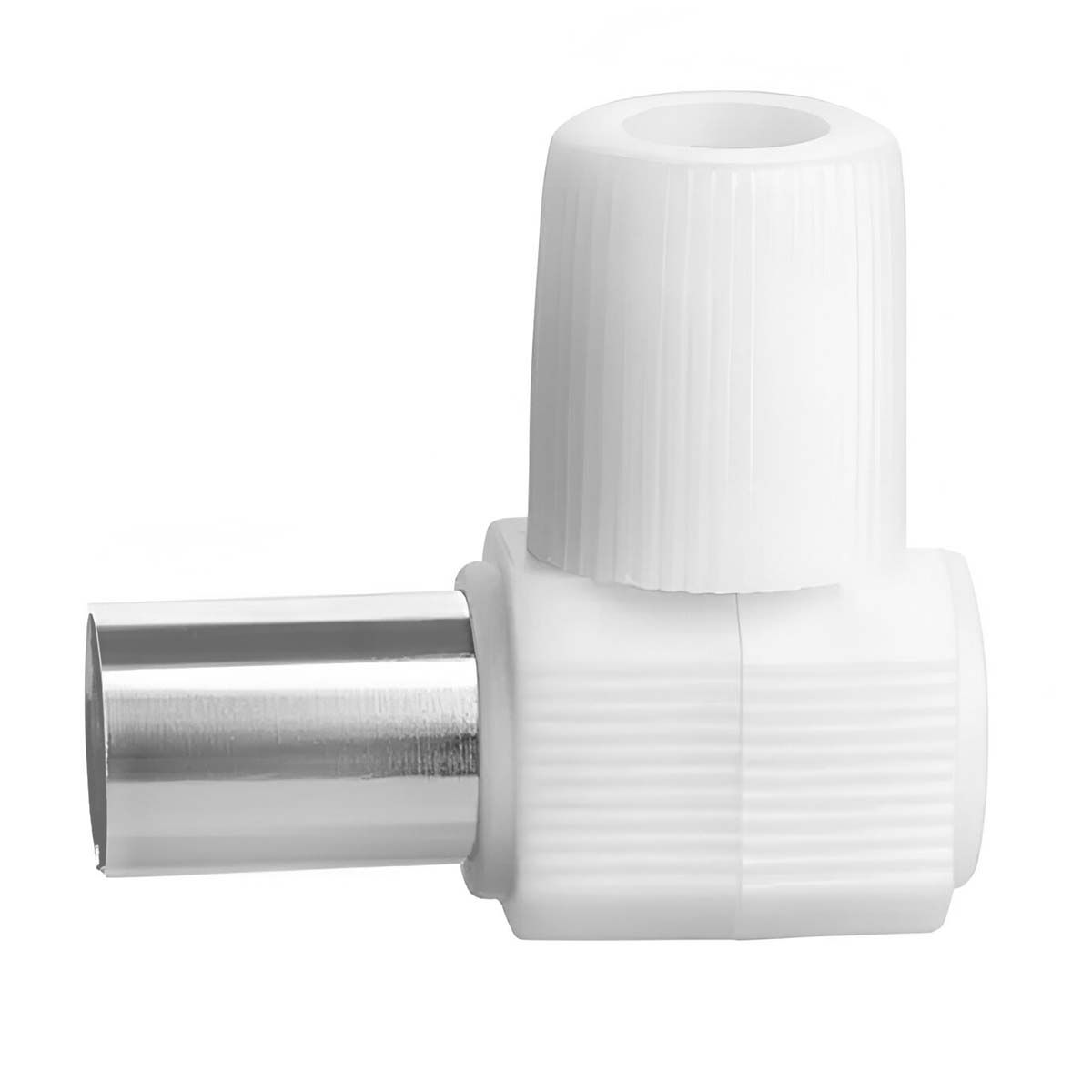 Ein weißer Winkelstecker mit Metallanschluss.