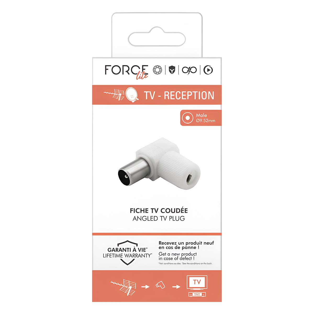 Verpackung für einen weißen, gewinkelten TV-Stecker mit 9,52 mm. Mit Garantie.