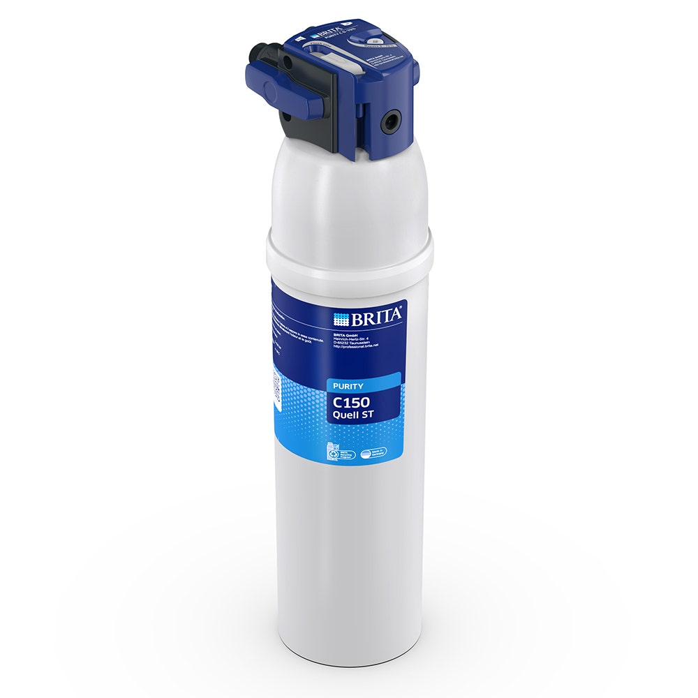 Ein weißer BRITA Wasserfilter mit blauem Kopfstück und Hebel.
