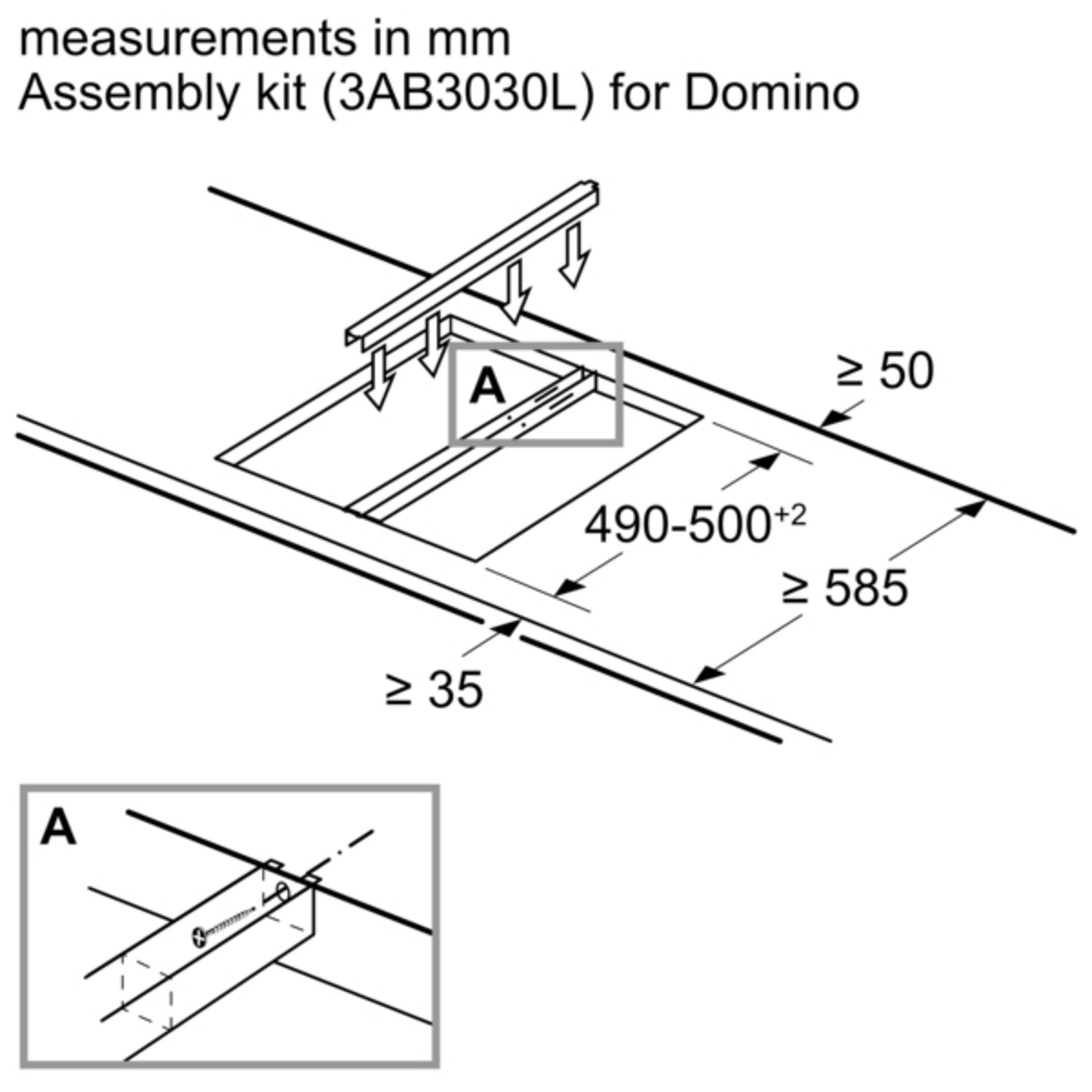 Dibujo técnico de un kit de montaje con dimensiones y detalles de instalación.