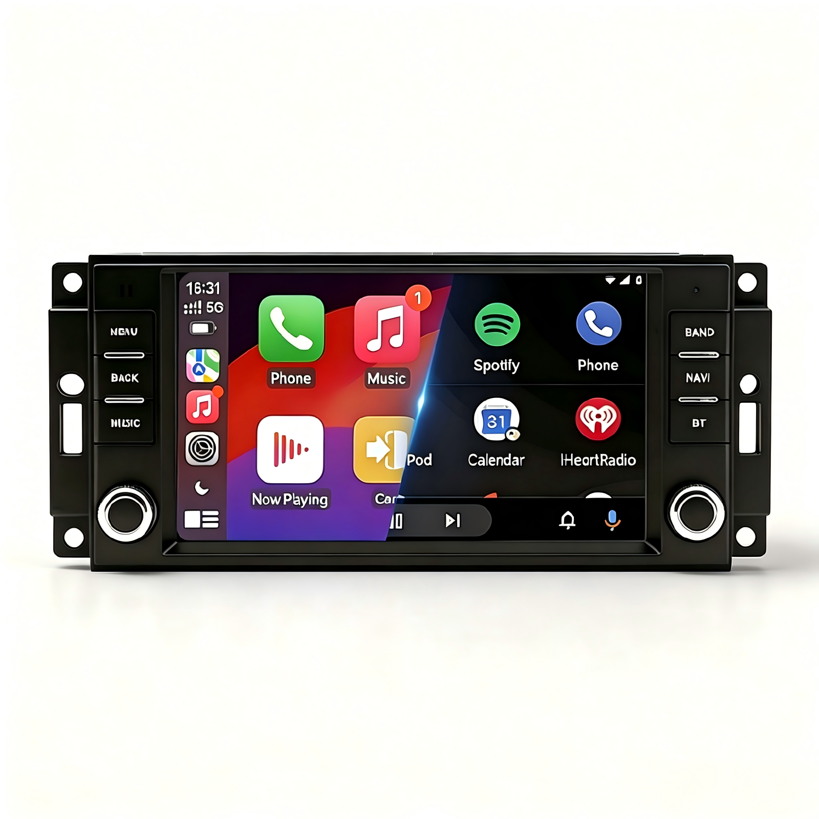 Un touchscreen per autoradio mostra le icone delle app: Telefono, Musica e Spotify.