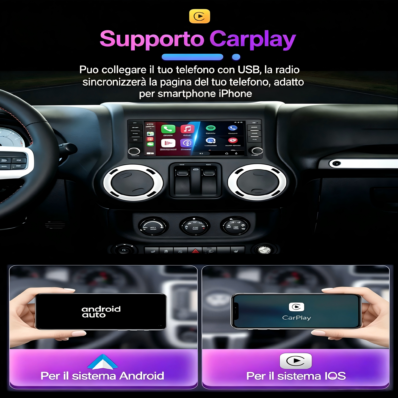 Sistema di infotainment per auto con display CarPlay e Android Auto.