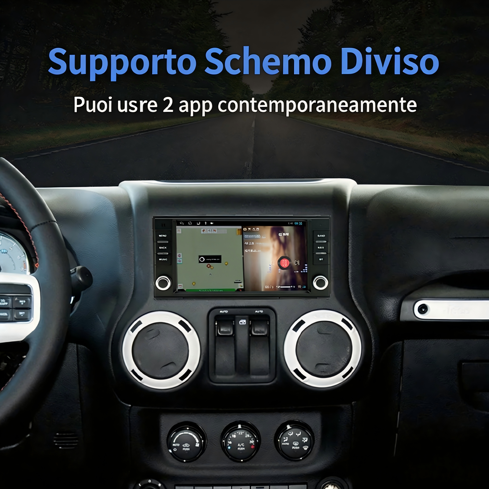 Cruscotto auto con radio double-DIN che mostra navigazione e musica.