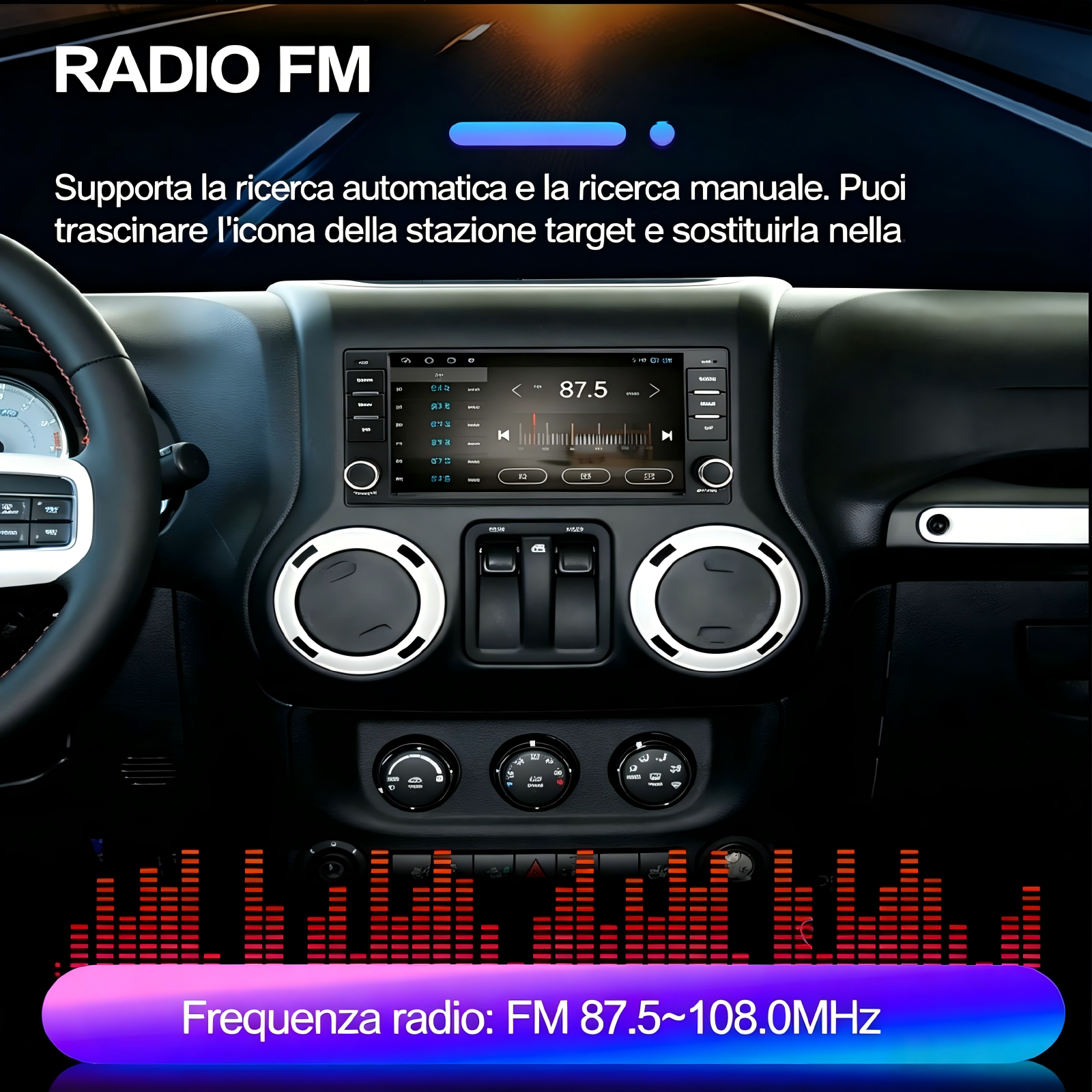 Cruscotto auto con display radio FM, frequenza 87.5-108.0MHz.