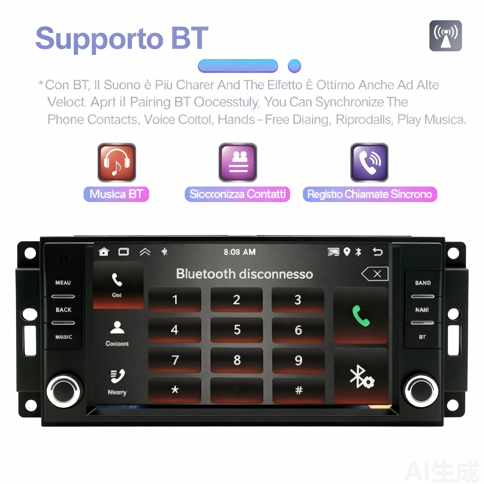 Schermo infotainment auto: Bluetooth disconnesso, tastierino numerico.
