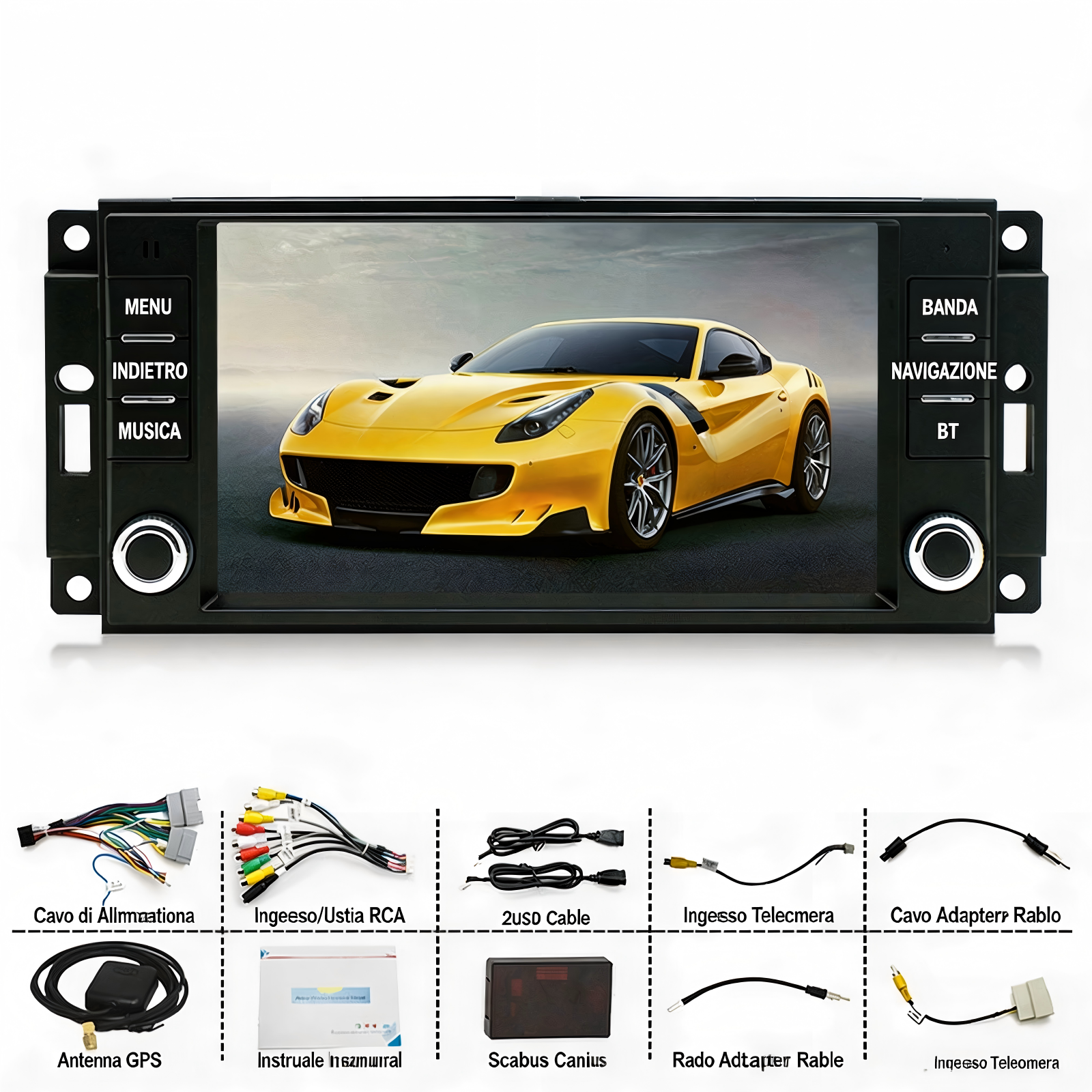 Un'autoradio che mostra un'auto sportiva gialla, con accessori in basso.