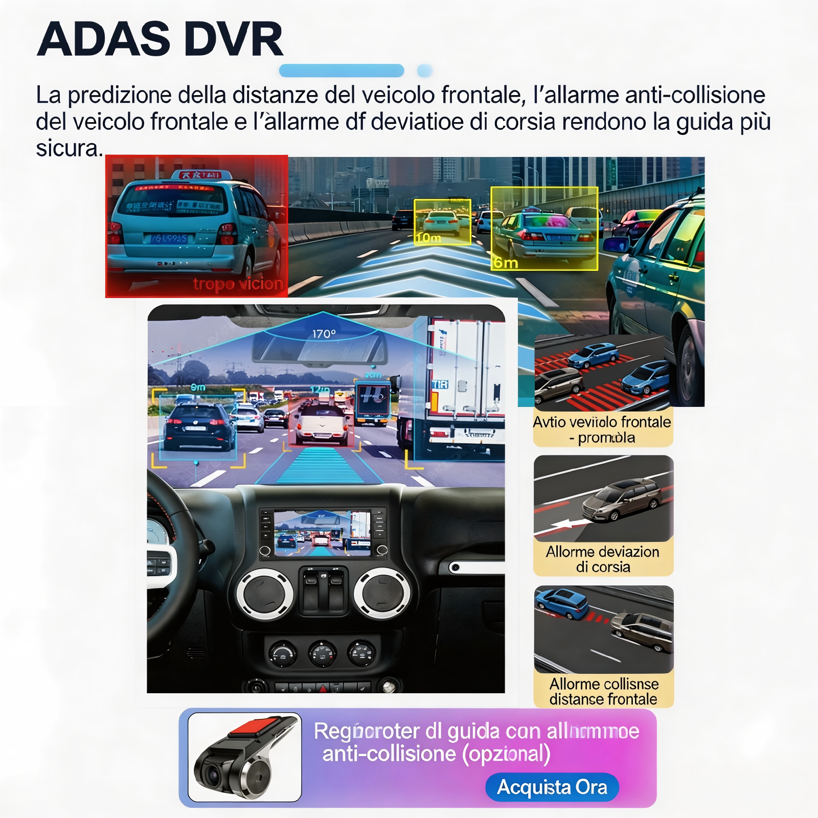 Sistema ADAS DVR mostra avviso frontale, uscita corsia e allarme distanza.